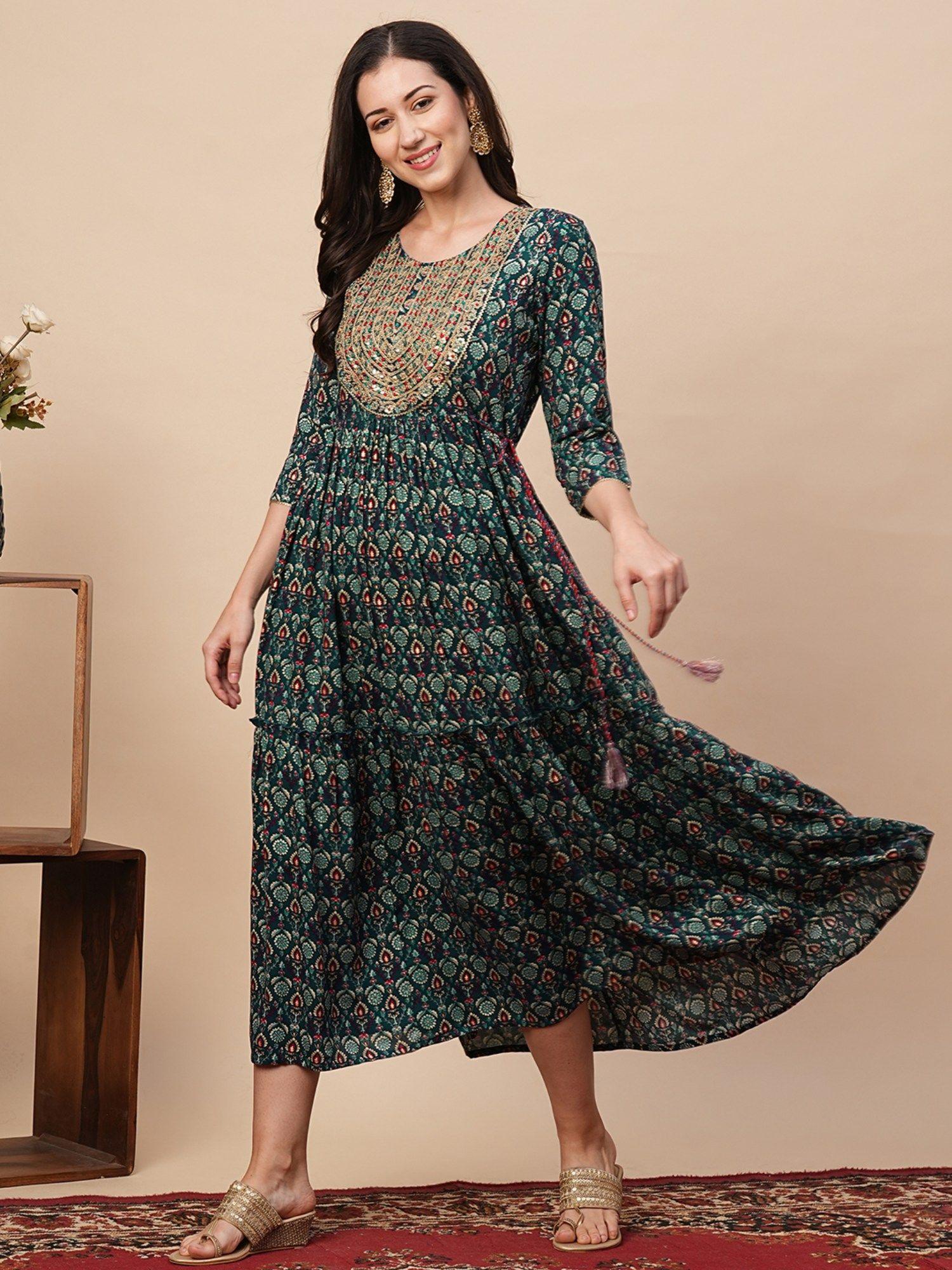 women teal embroidered yoke a-line tiered festive midi dress