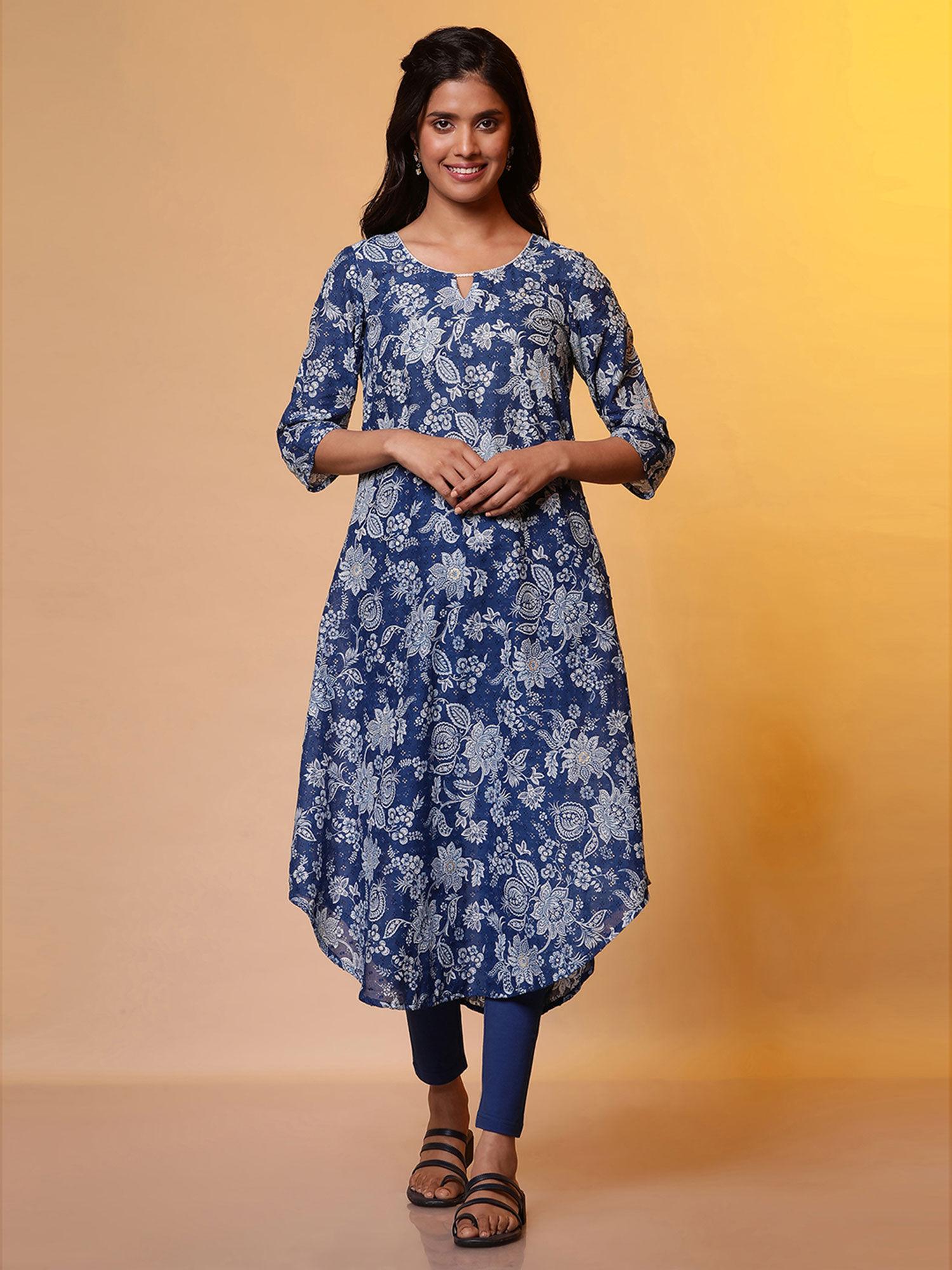 women teal floral cotton kurta