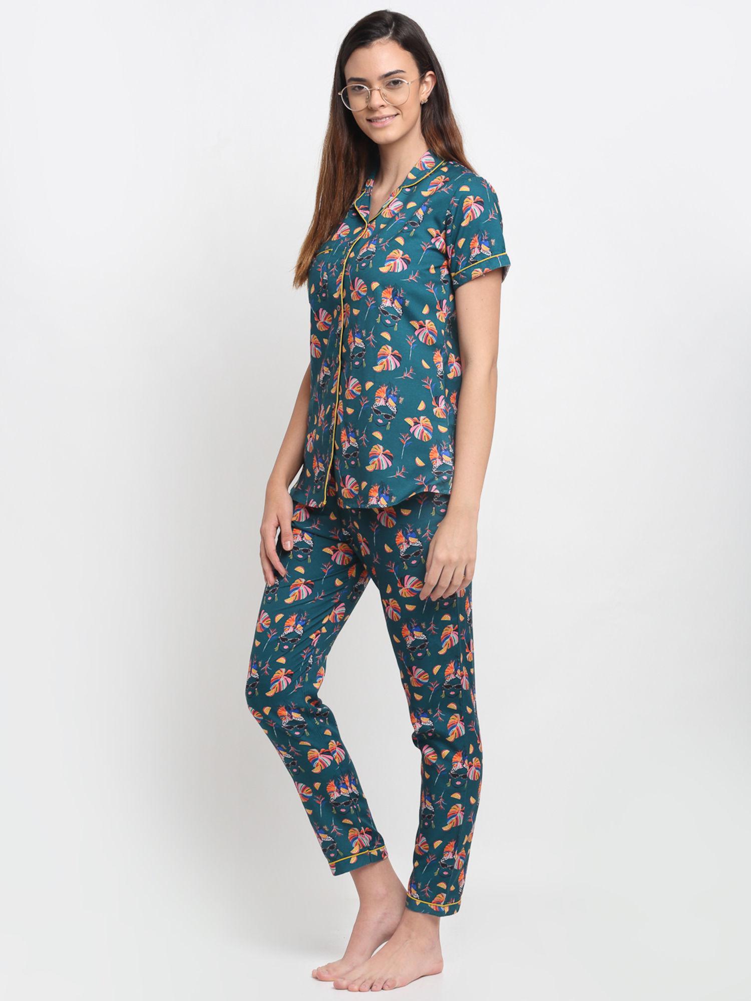 women teal green & orange printed printed pyjamas set