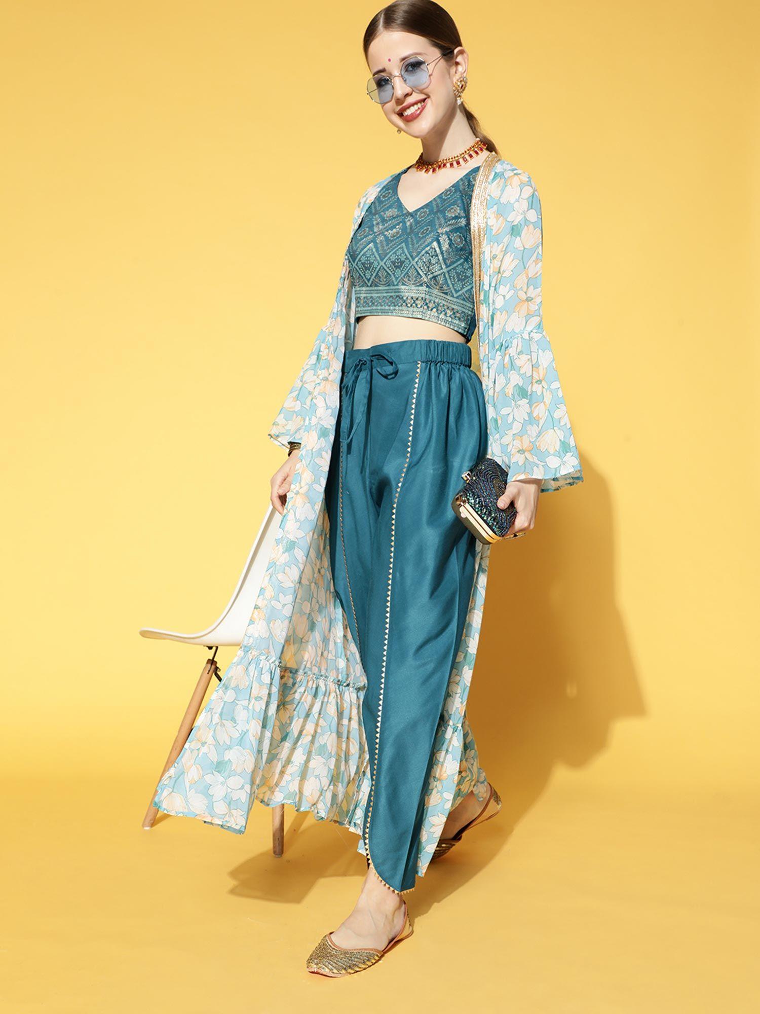 women teal green blue printed top with dhoti pants shrug co-ord (set of 3)