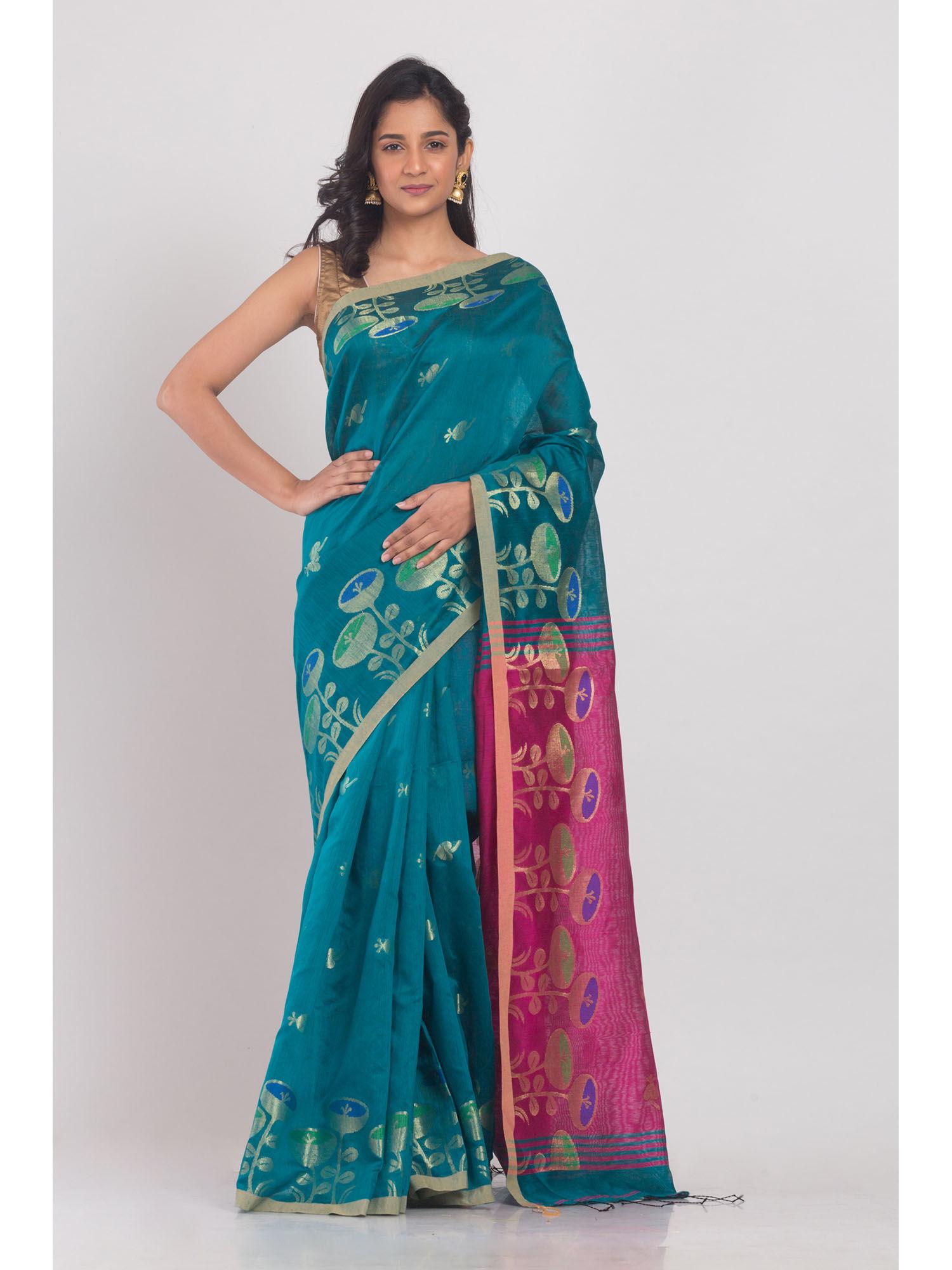 women teal green floral jacquard saree with unstitched blouse