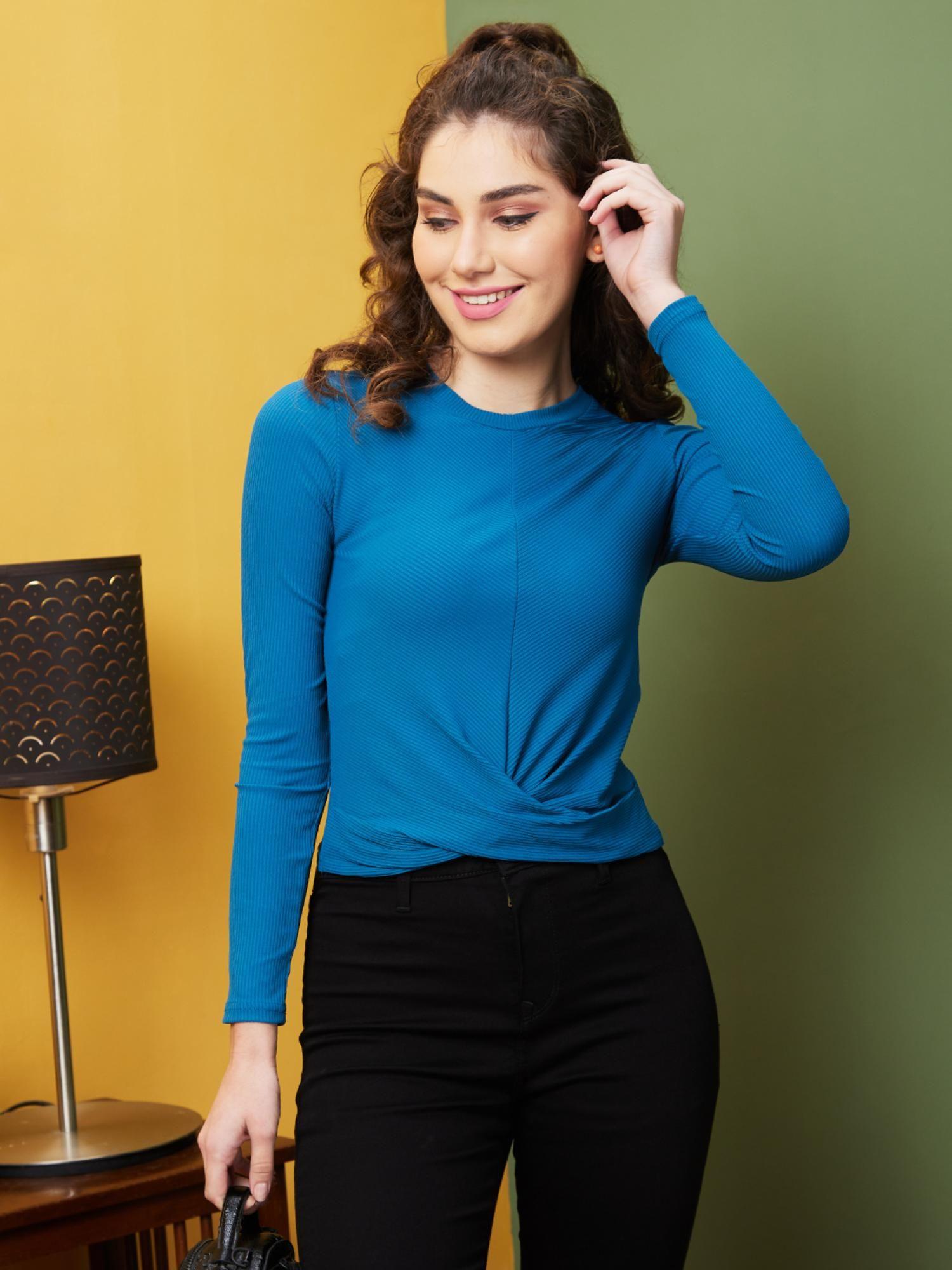 women teal green opaque round neck long sleeves twisted top