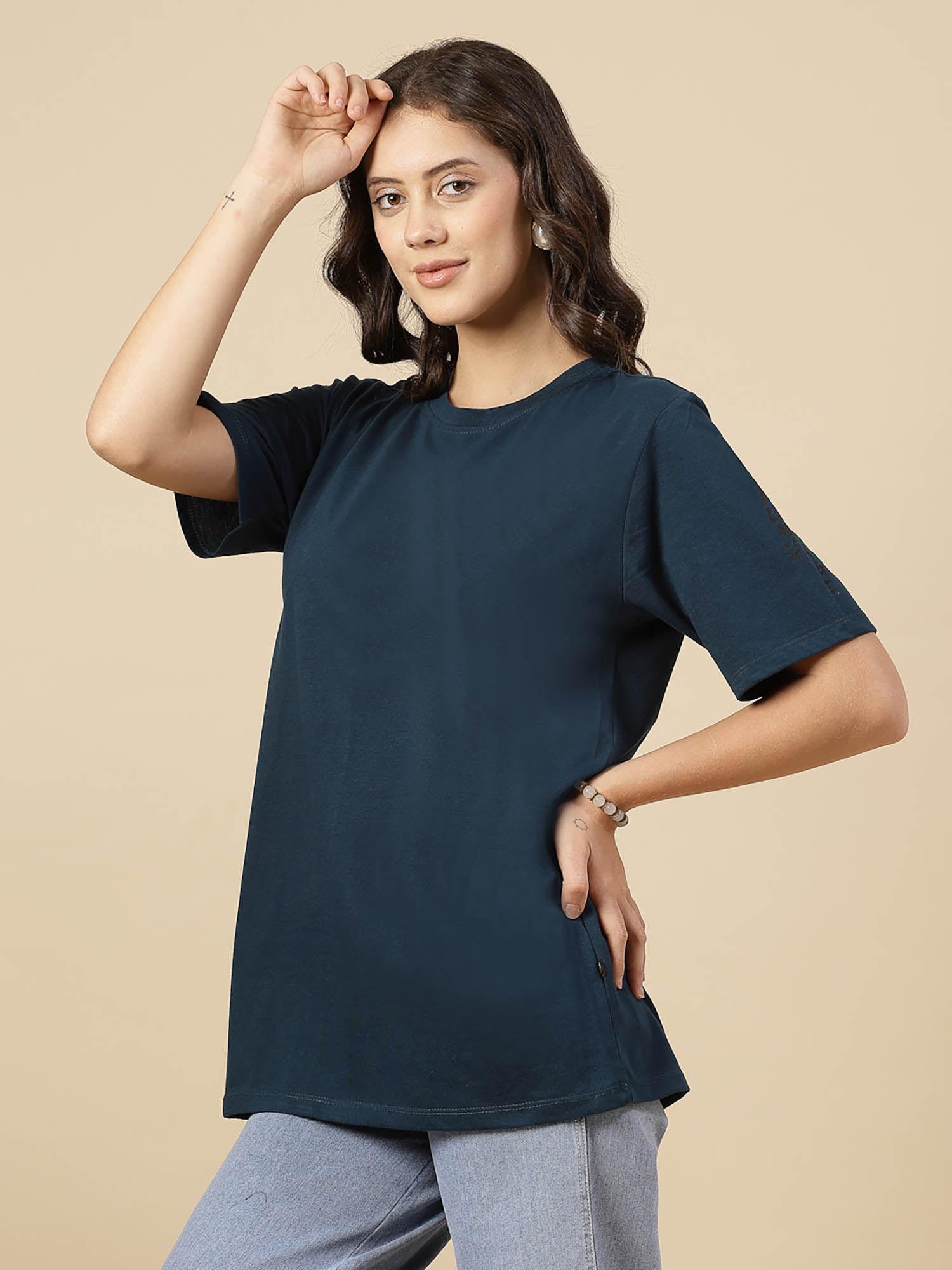 women teal jersey oversized printed t-shirt