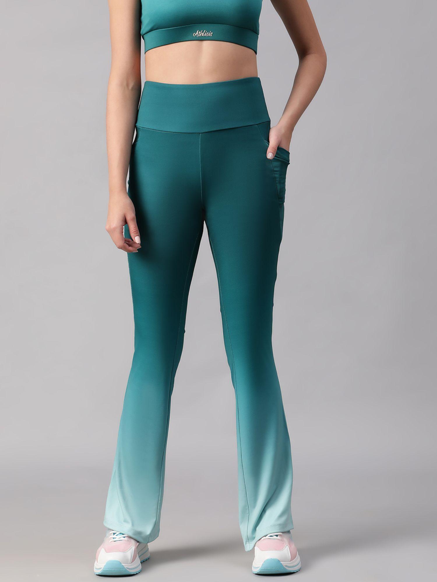 women teal mid waist fitness ombre flare pants