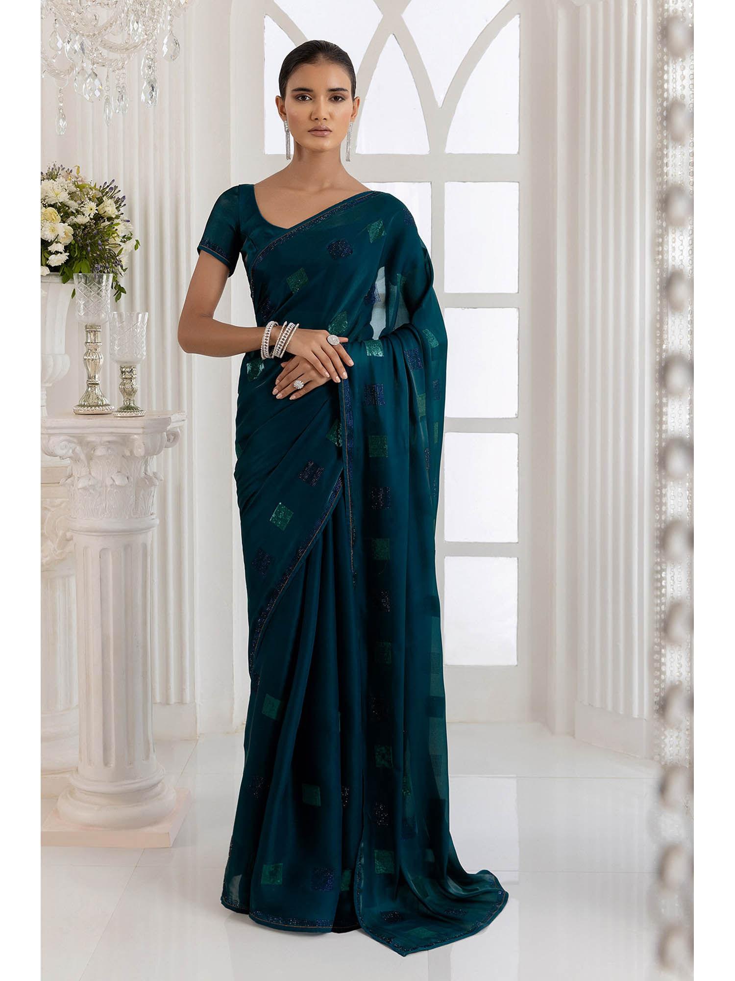 women teal organza embellished sequined saree with unstitched