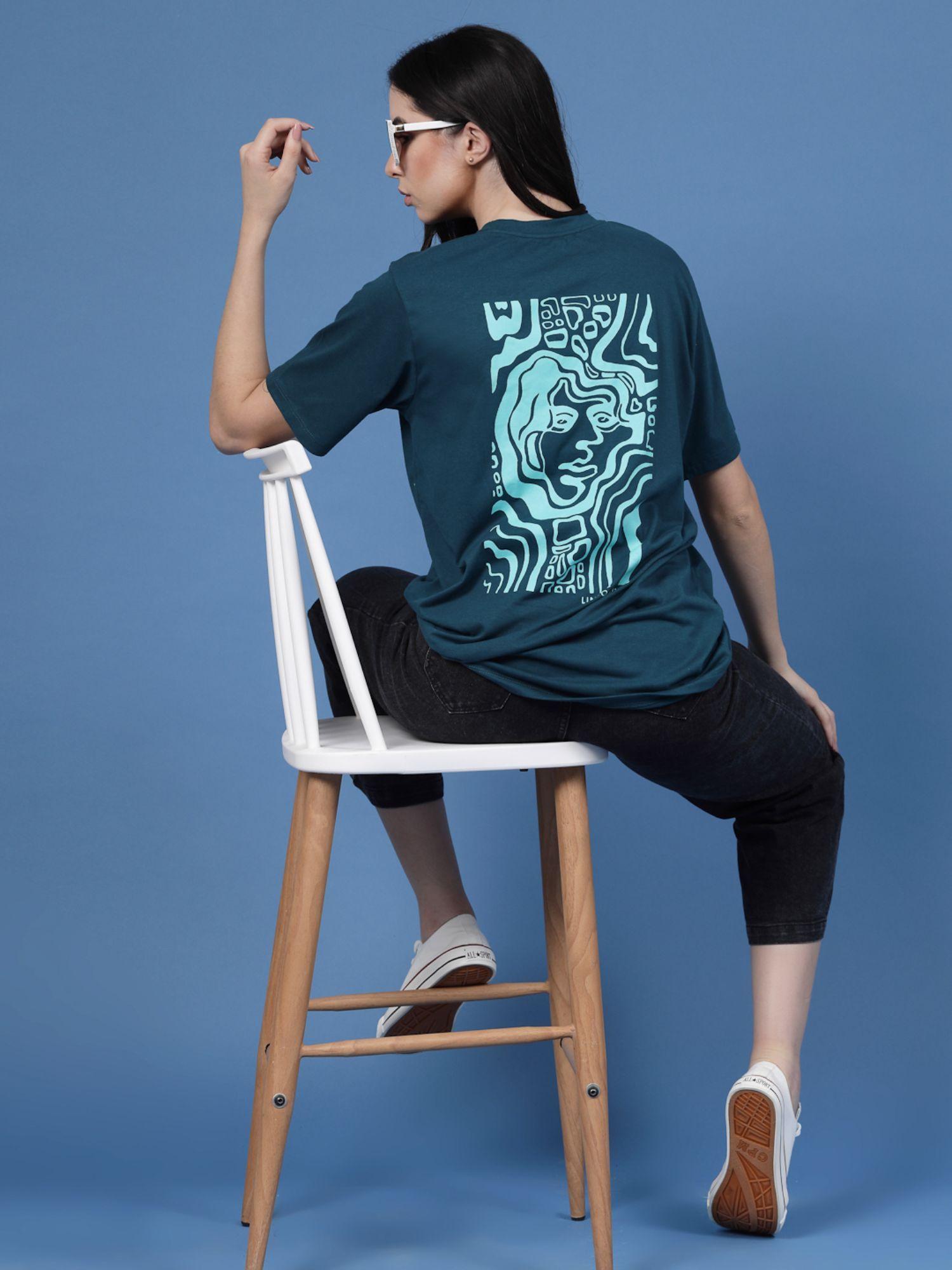 women teal oversized back printed jersey t-shirt