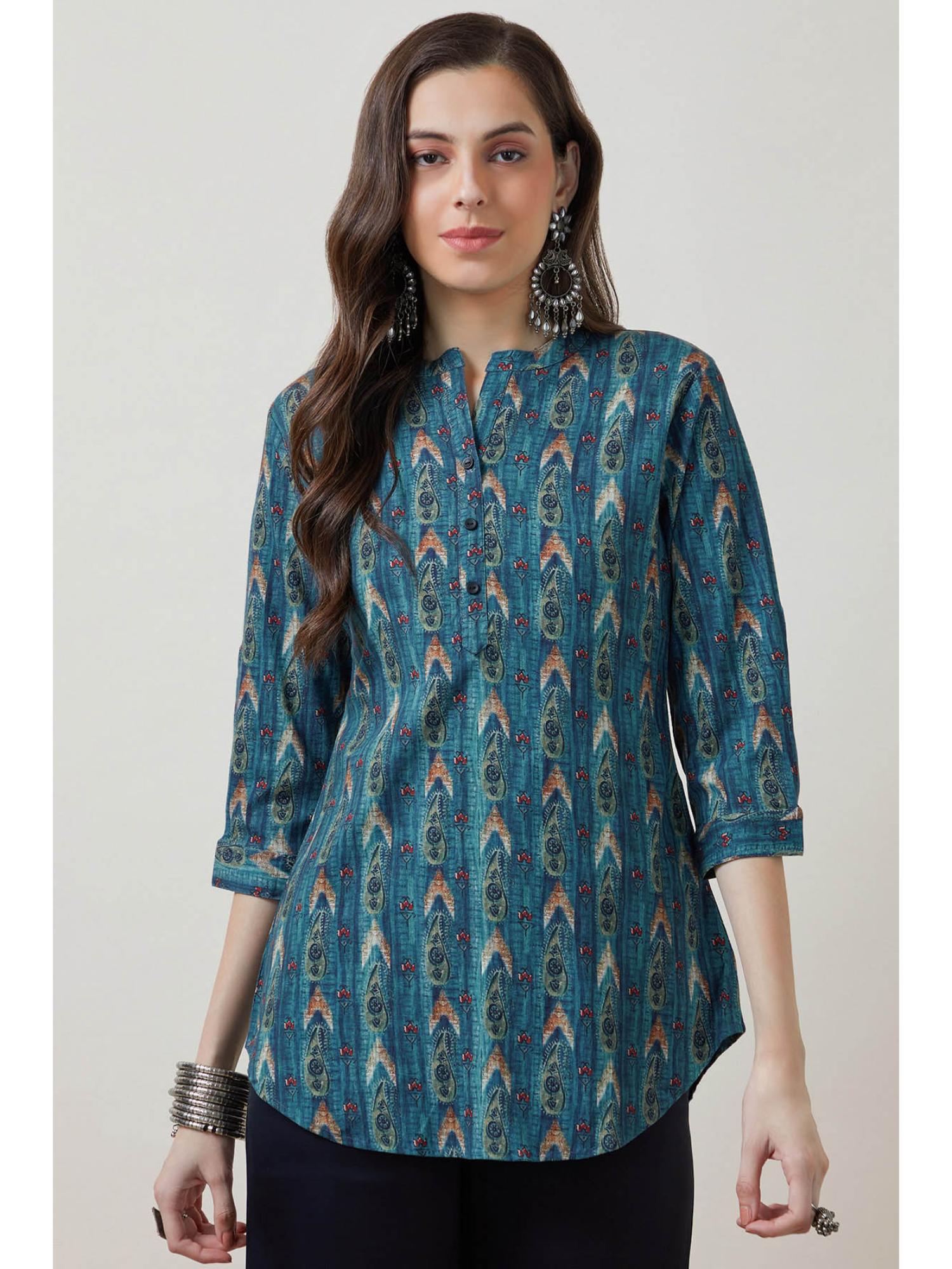 women teal paisley regular fit kurti