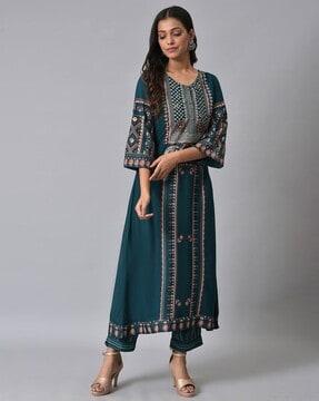 women teal printed a-line kurta set