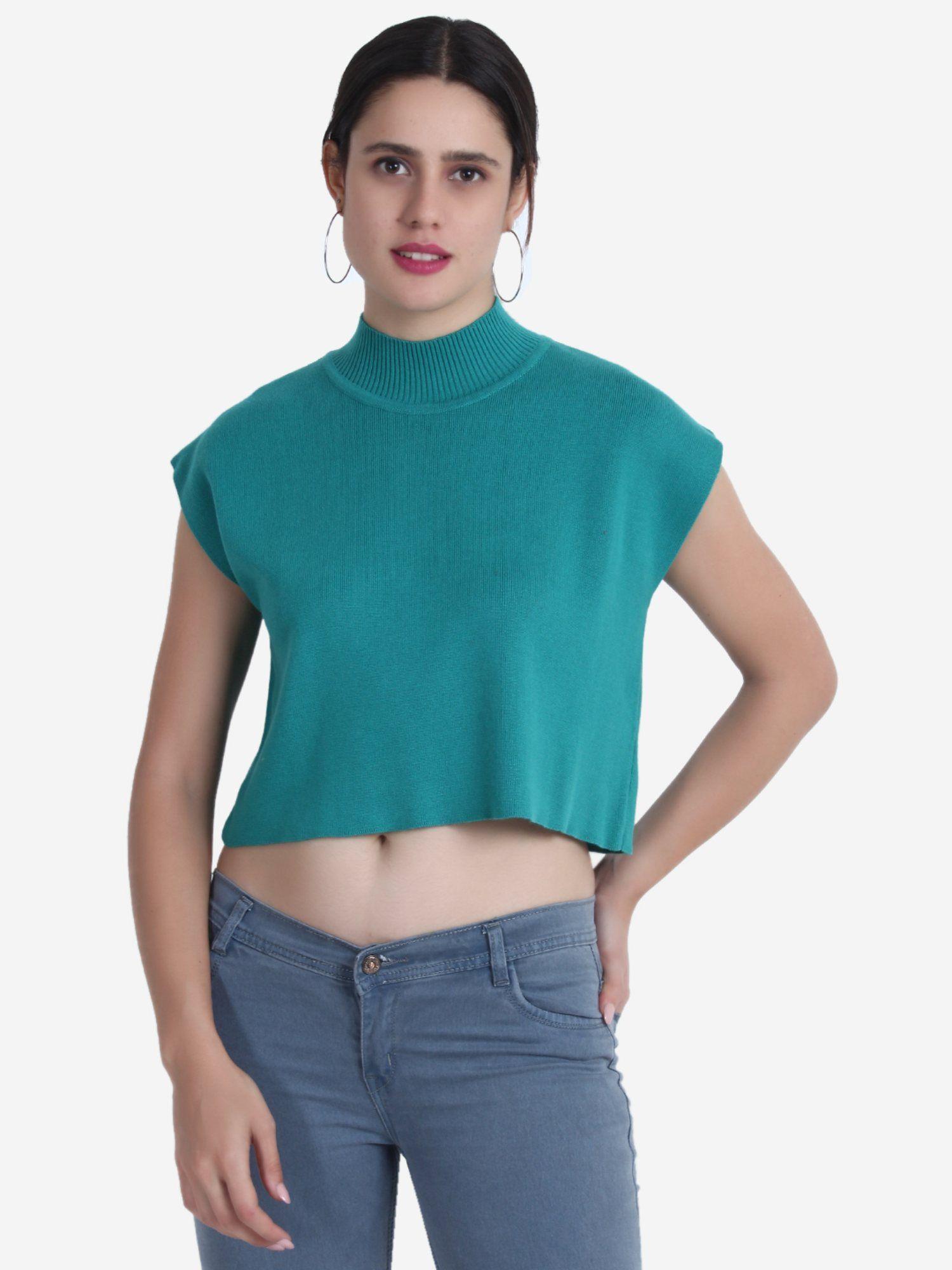 women teal pullover crop top