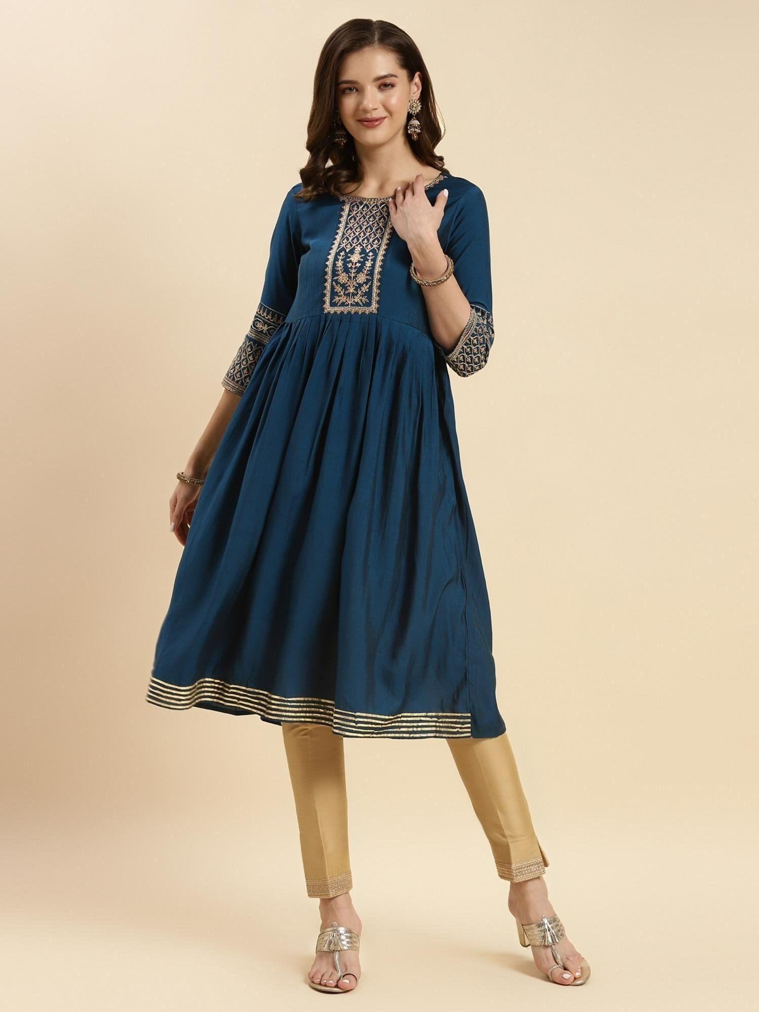 women teal rayon embroidered knee length flared kurta