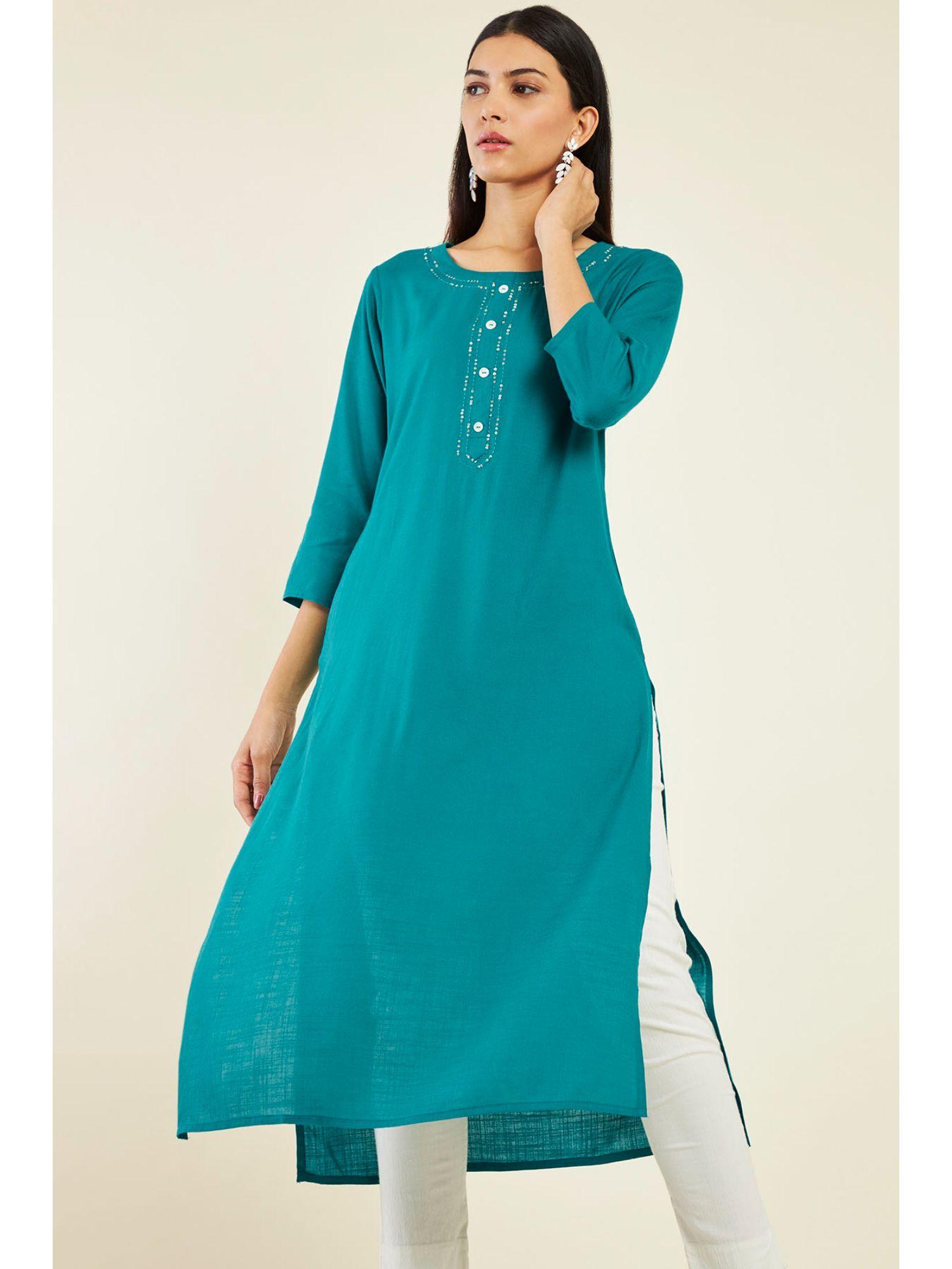 women teal rayon solid/plain kurta