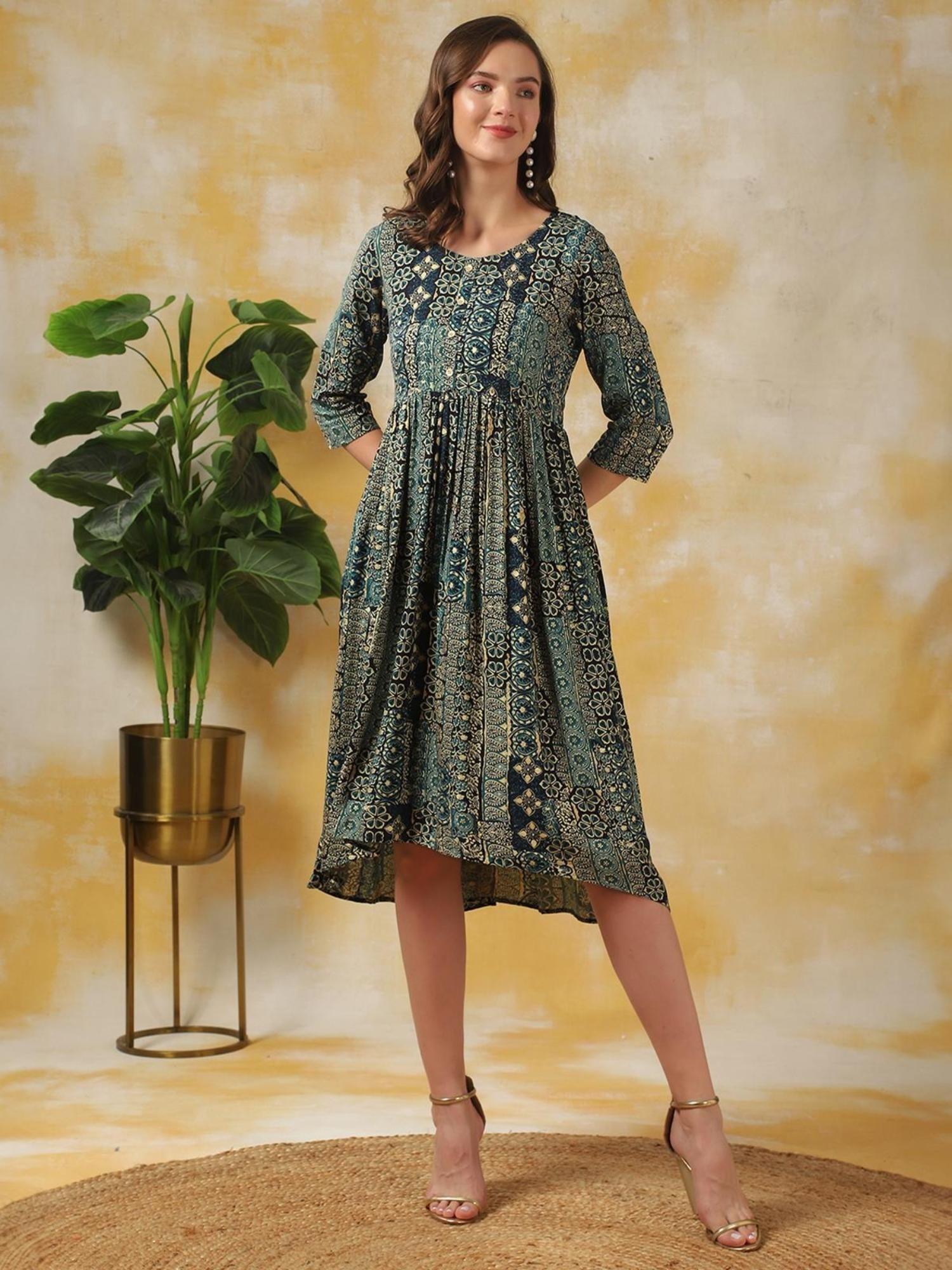 women teal rayon yoke asymmetrical ethnic dress