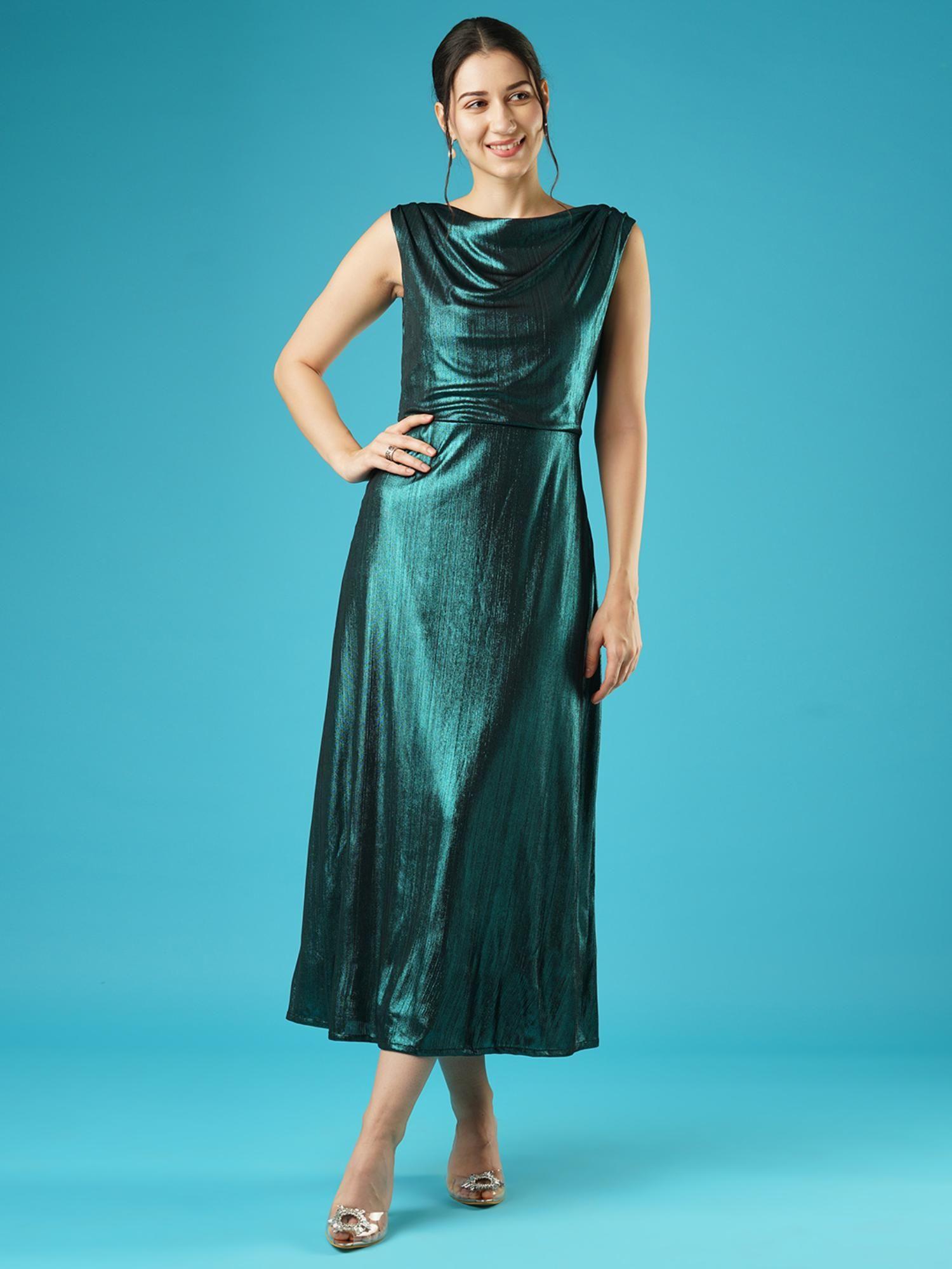 women teal shiny boat neck side slit knitted a-line midi party dress