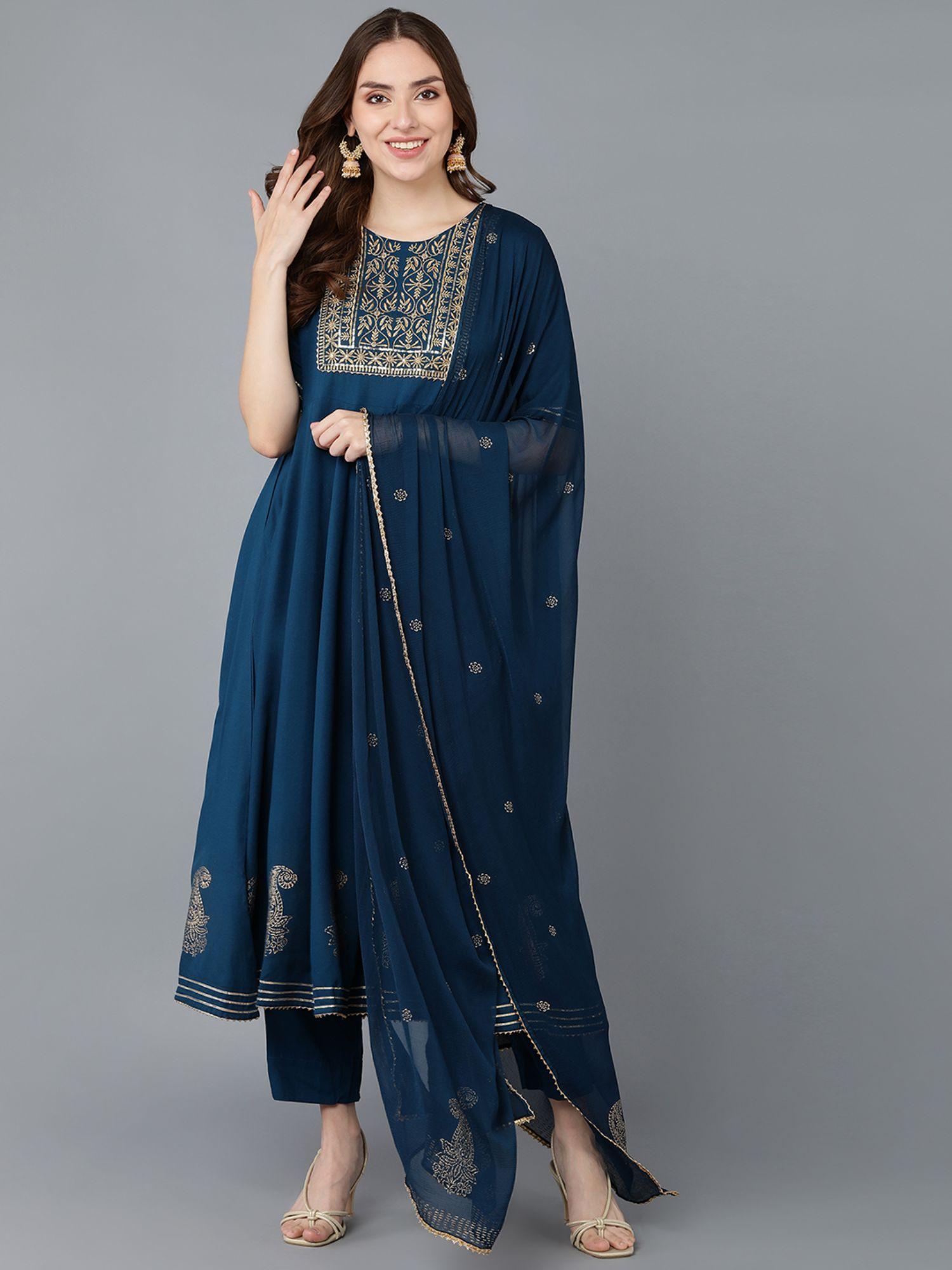 women teal silk blend yoke design sequinned kurta trousers with dupatta (set of 3)