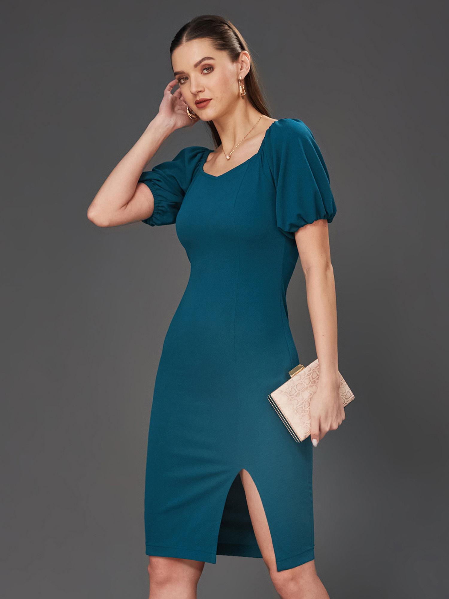 women teal solid bodycon v-neck half sleeve slim fit knee-length dress