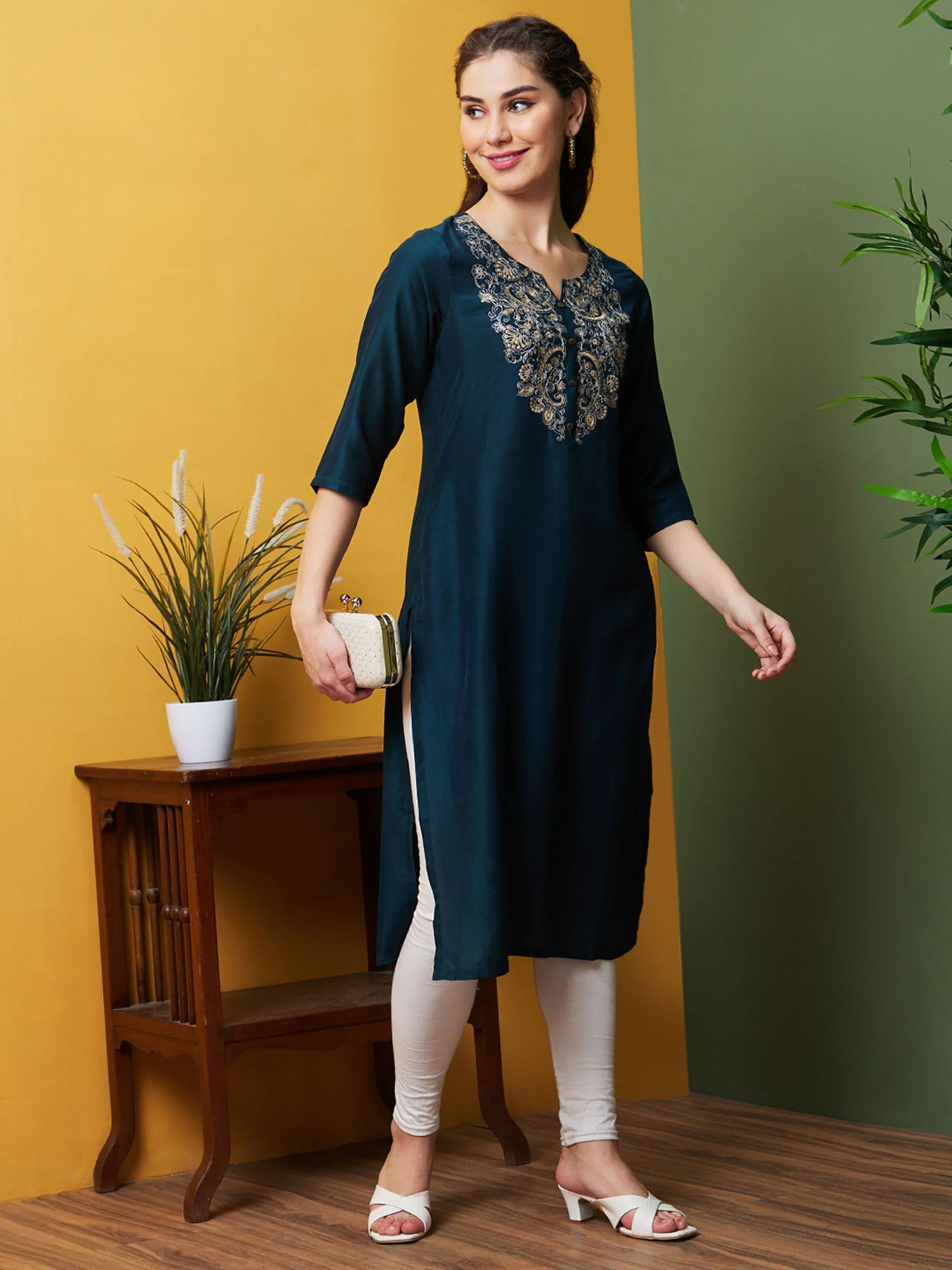 women teal solid embroidered yoke daily wear round neck straight kurta