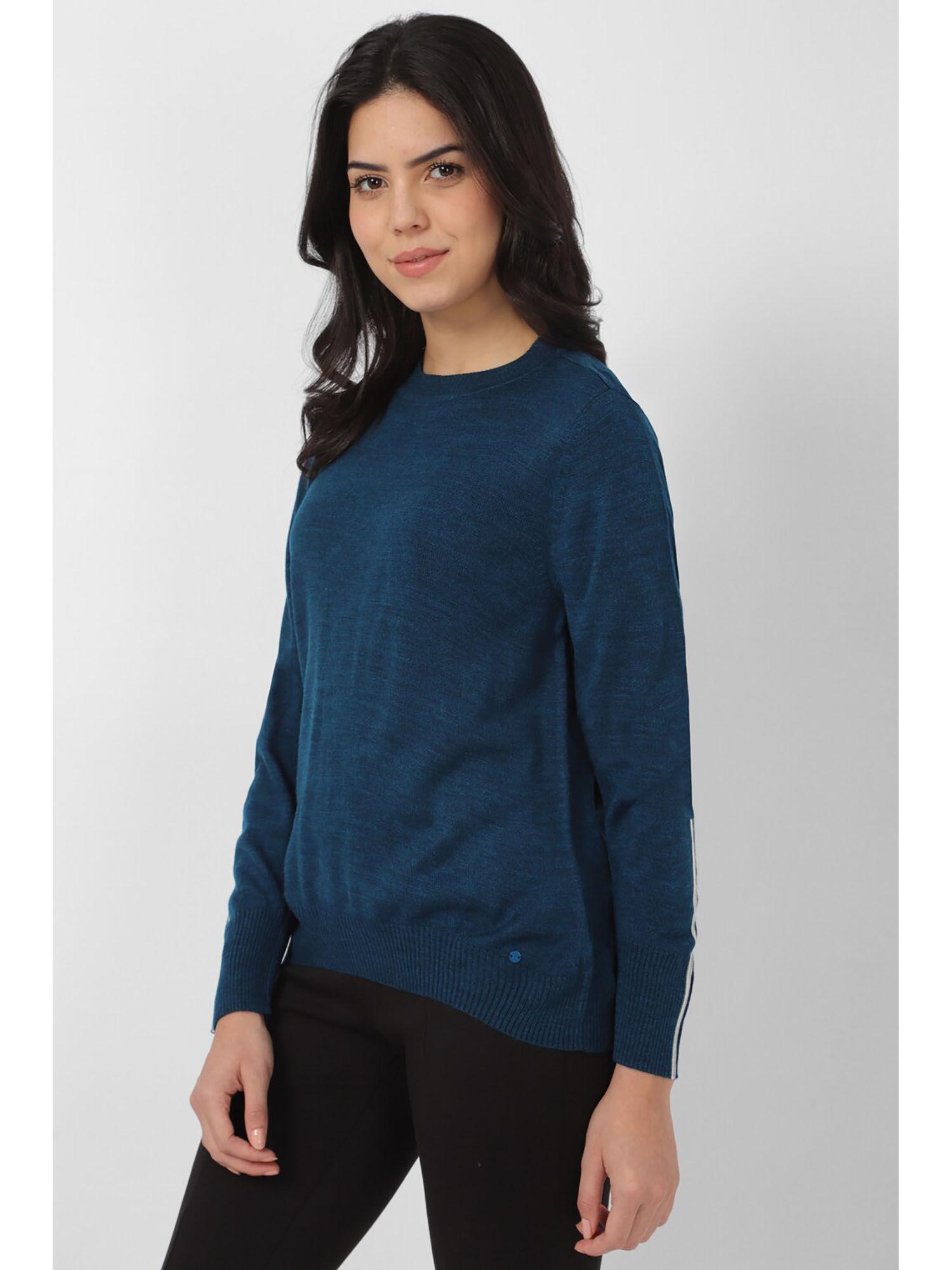 women teal solid round neck sweater