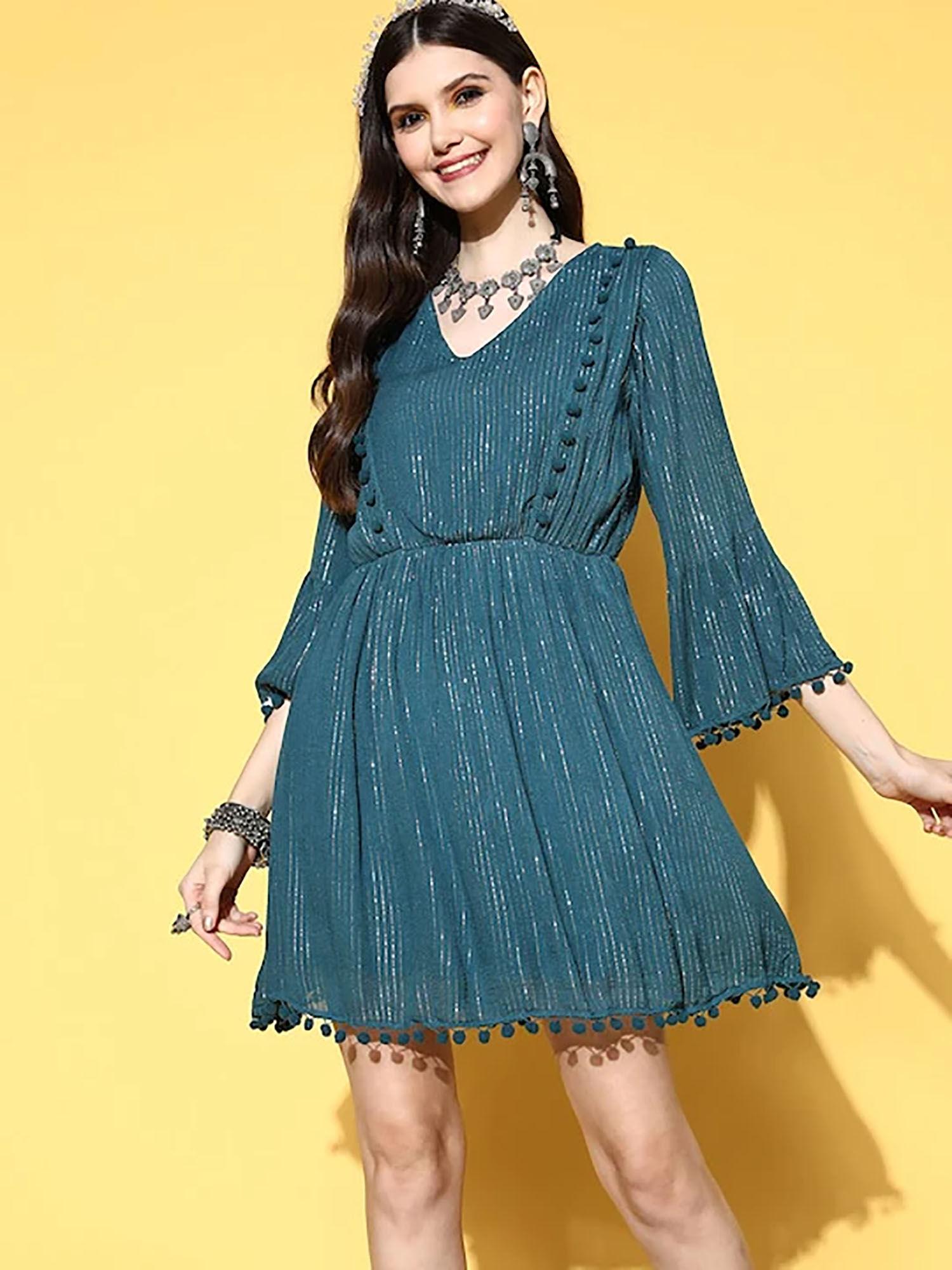 women teal stripes tassels mini dress