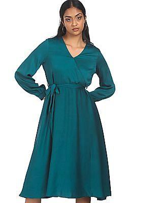 women teal surplice neck fit and flare dress