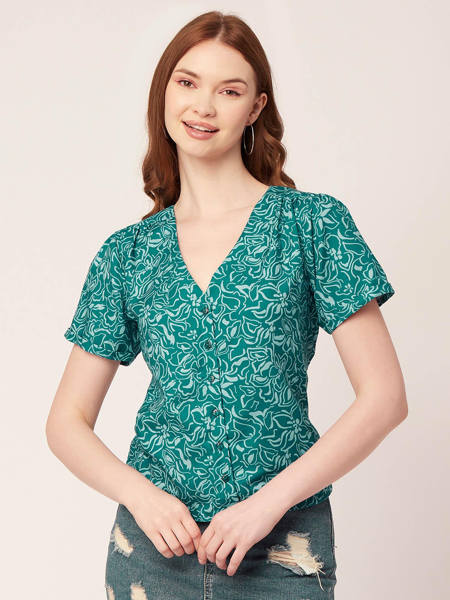 women teal v-neck floral top