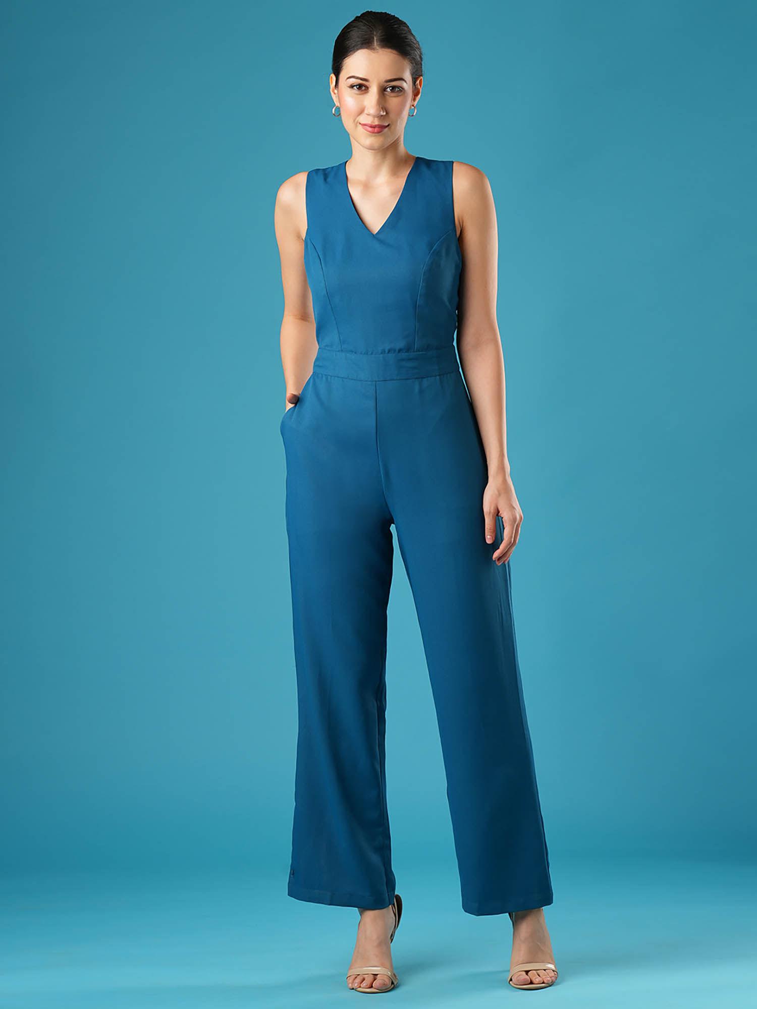 women teal v-neck stylised back wide leg workwear jumpsuit