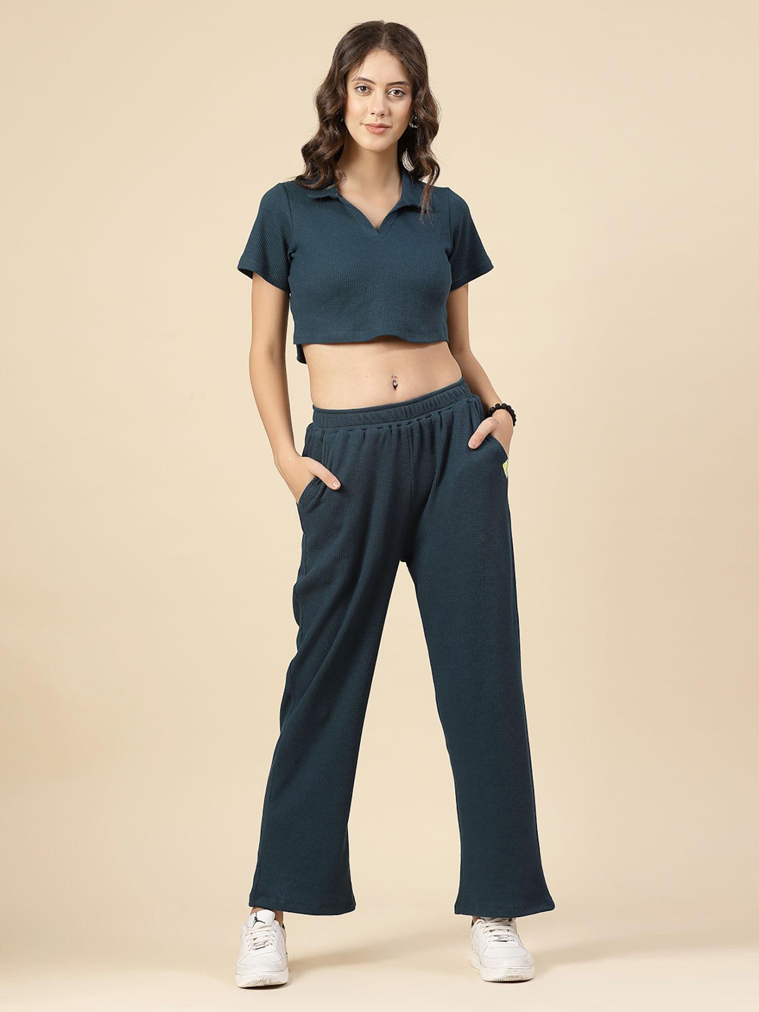 women teal waffle top and trousers (set of 2)