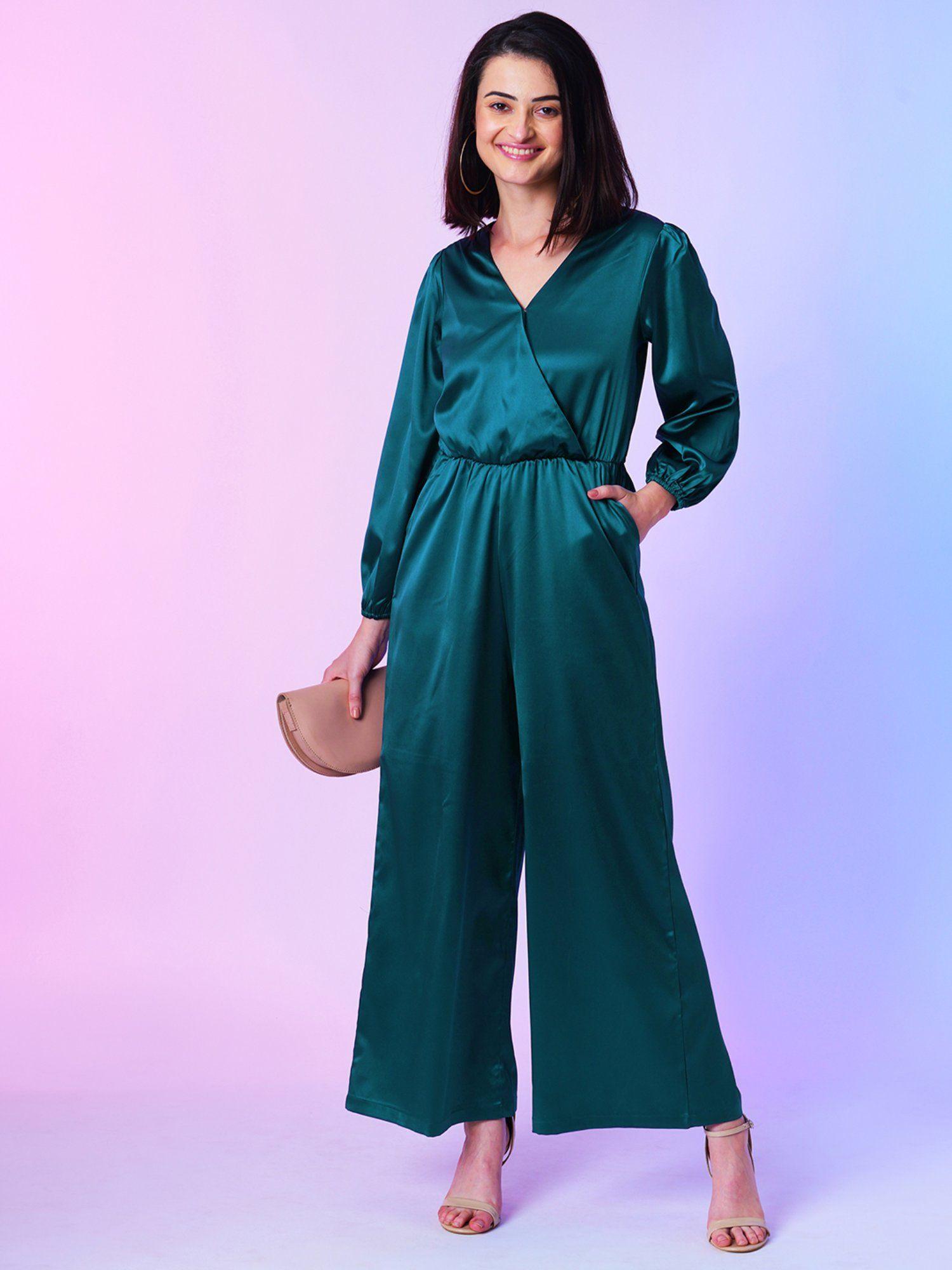 women teal wrap neck wide leg party jumpsuit