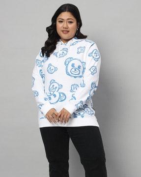 women teddy bear print regular fit hoodie with drawstrings