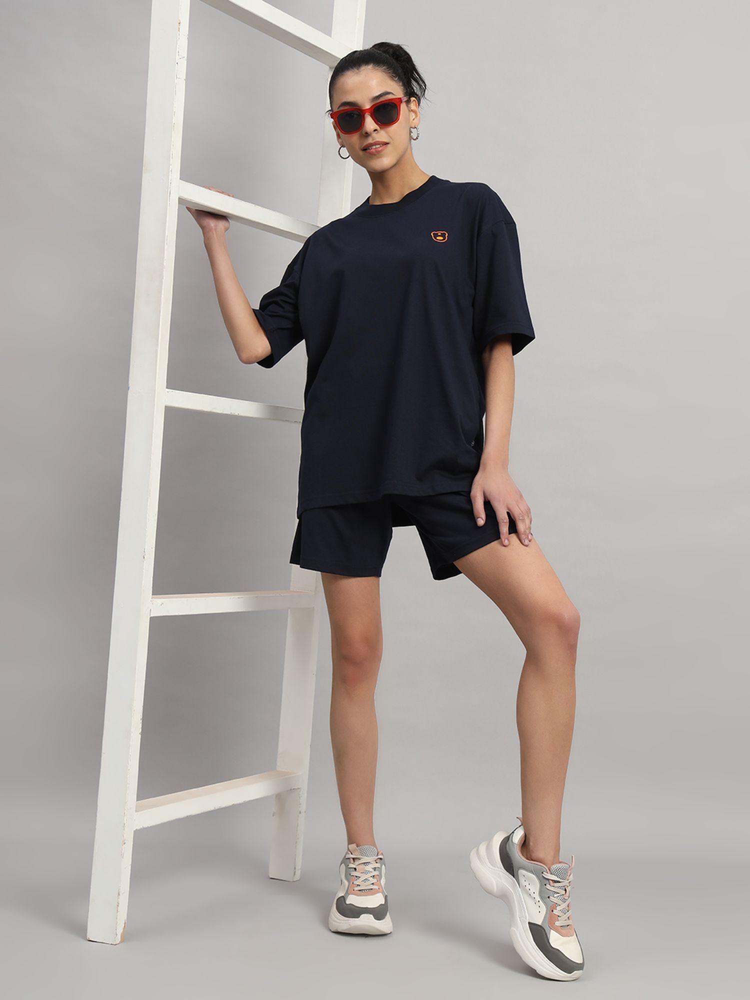 women teddy logo navy t-shirt and shorts (set of 2)