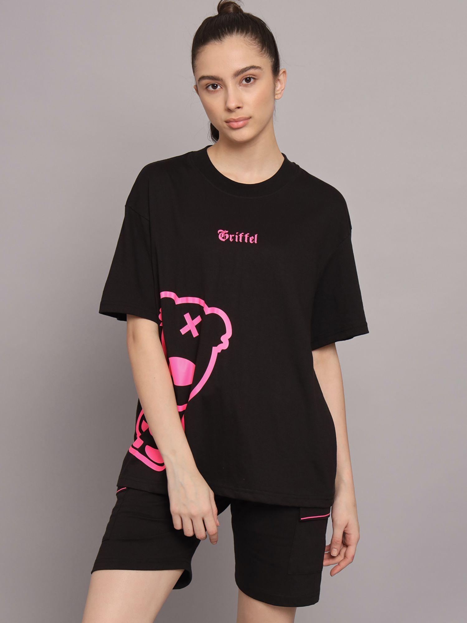 women teddy printed loose fit black t-shirt and shorts (set of 2)