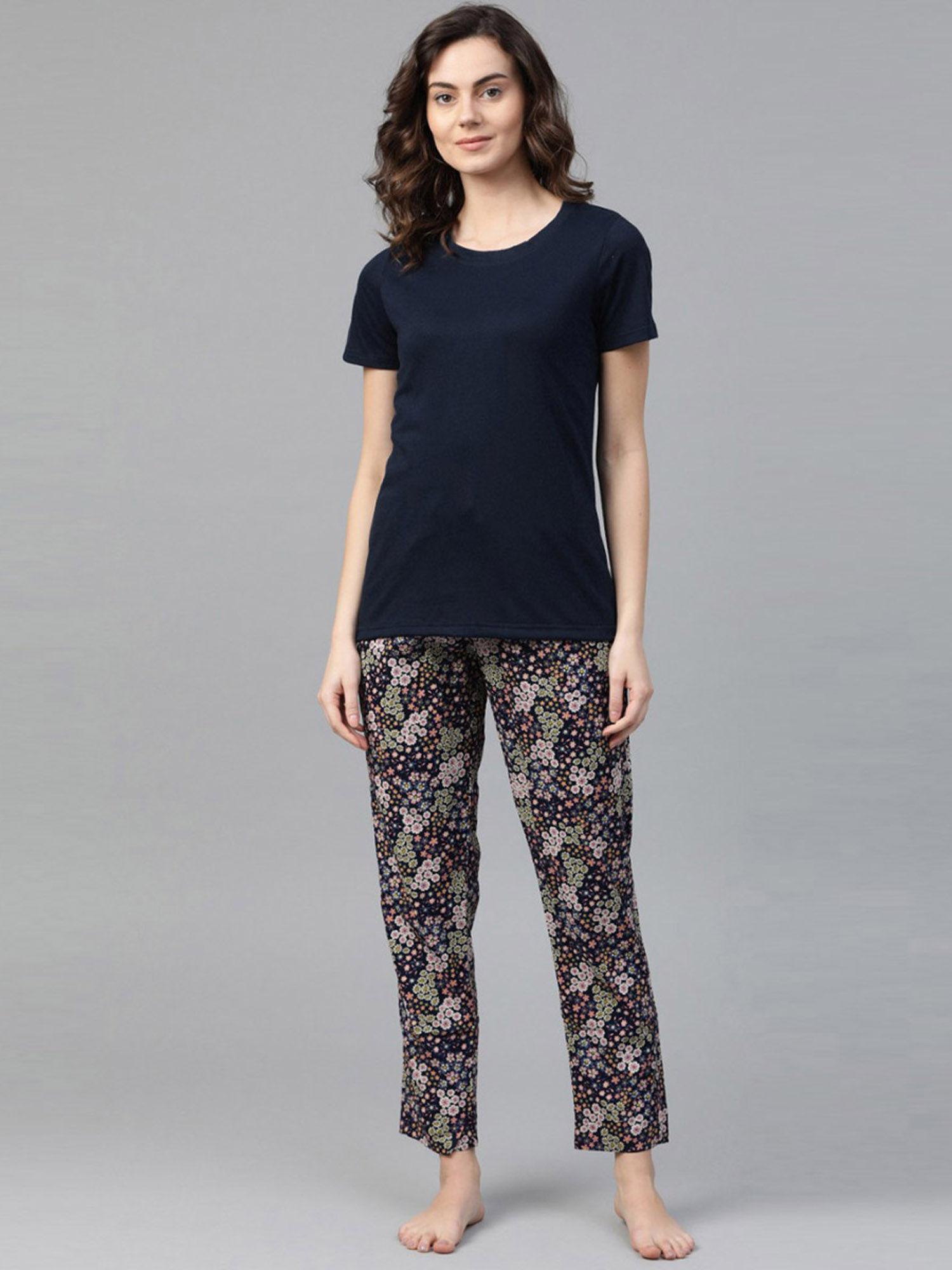 women tee with printed pyjama set - navy blue