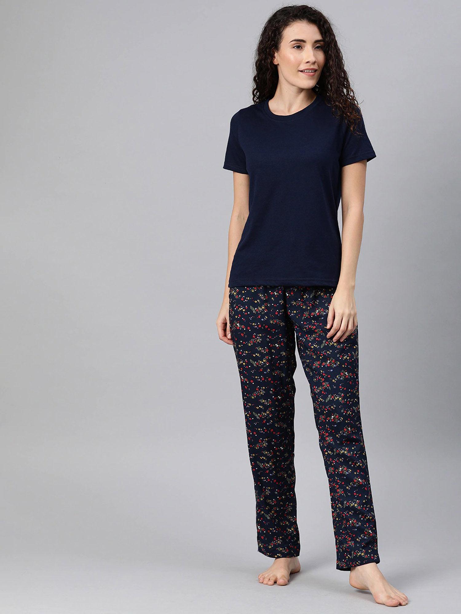 women tee with printed pyjama set - navy blue