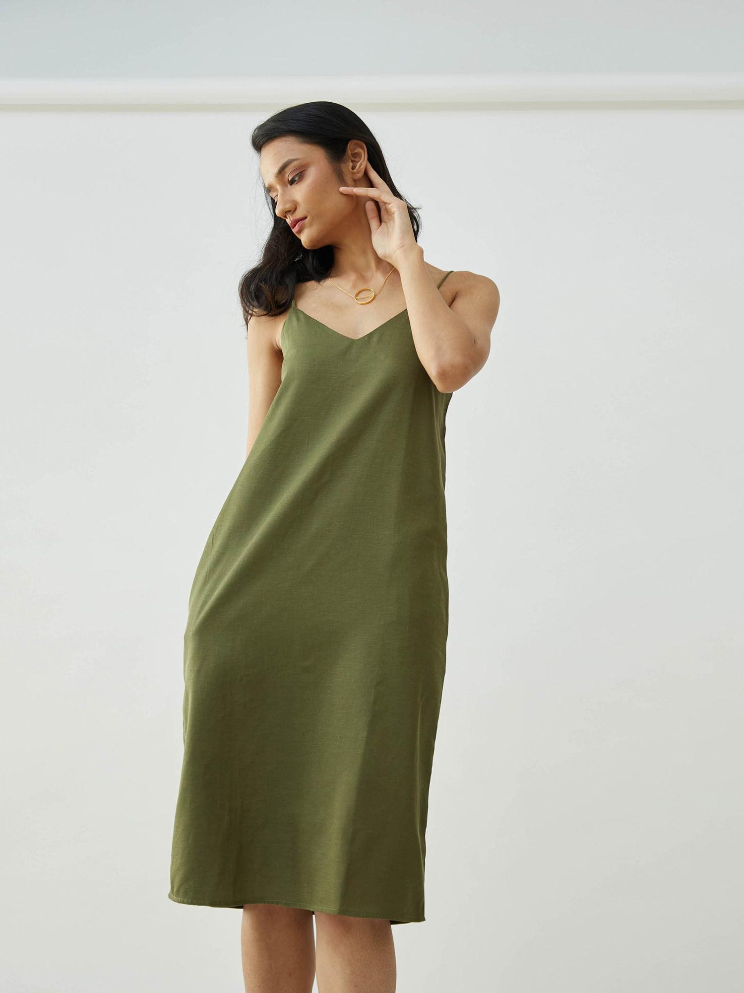 women tencel solid olive slip dress