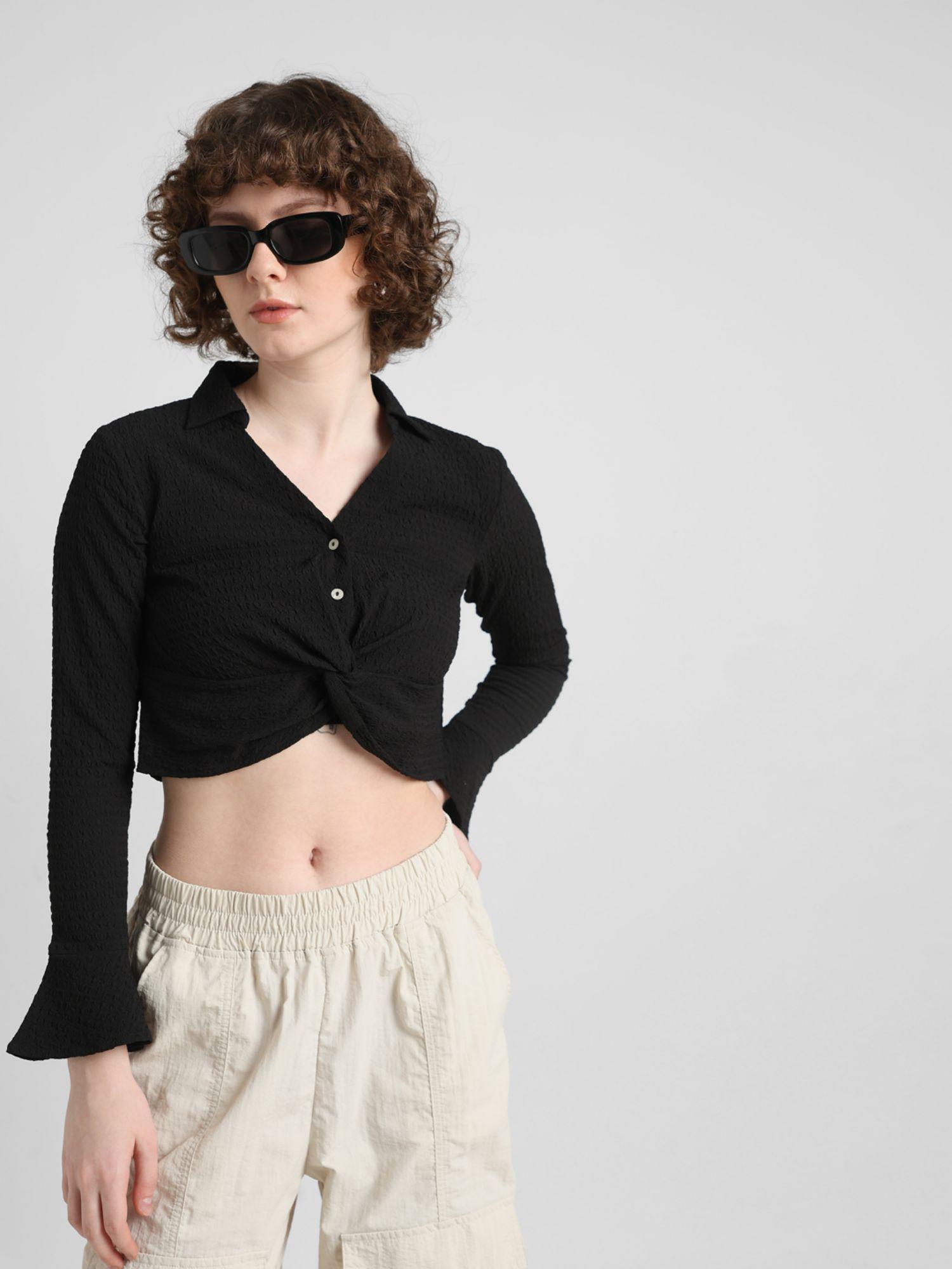 women textured black cropped shirt