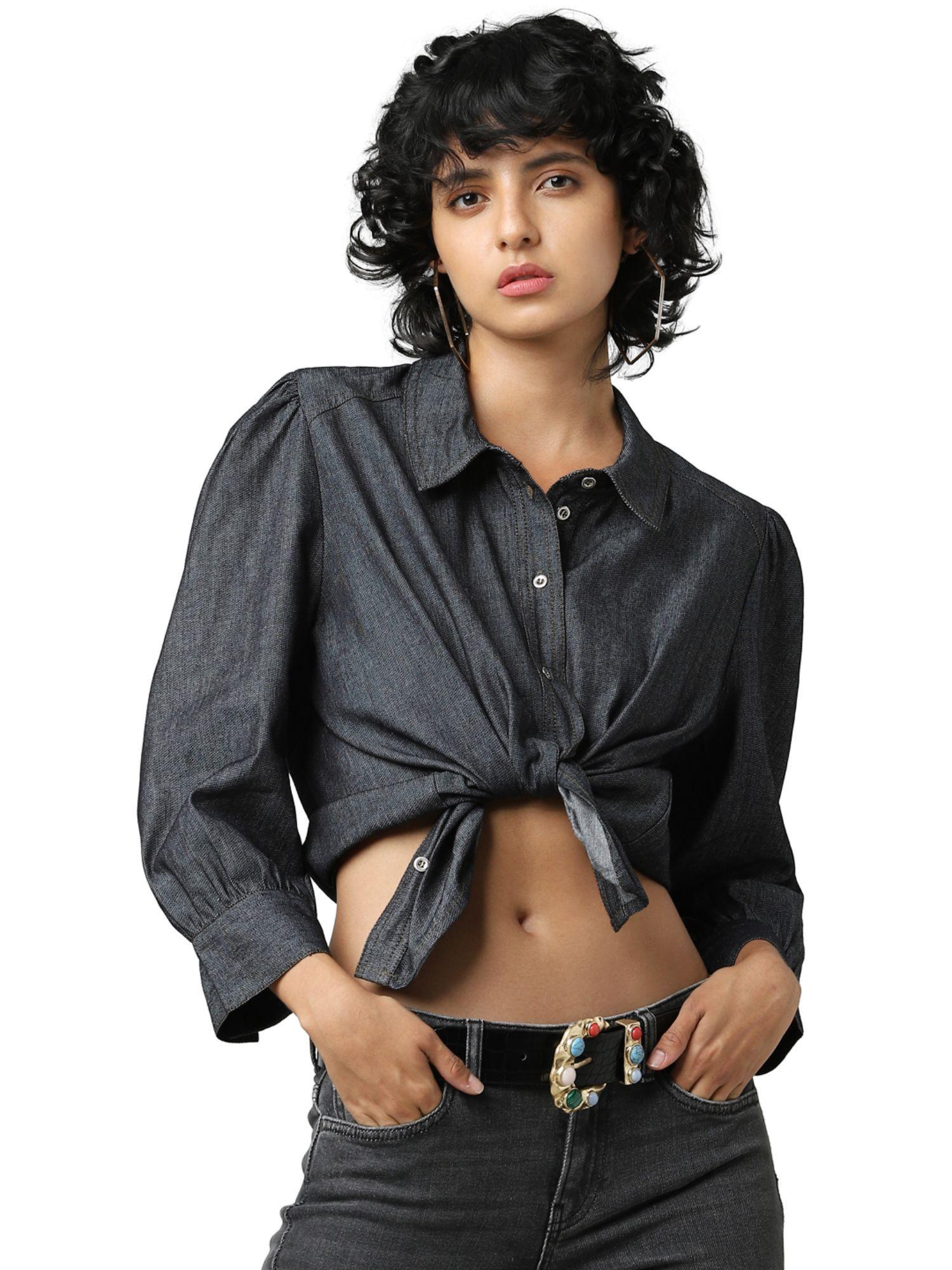 women textured black shirt