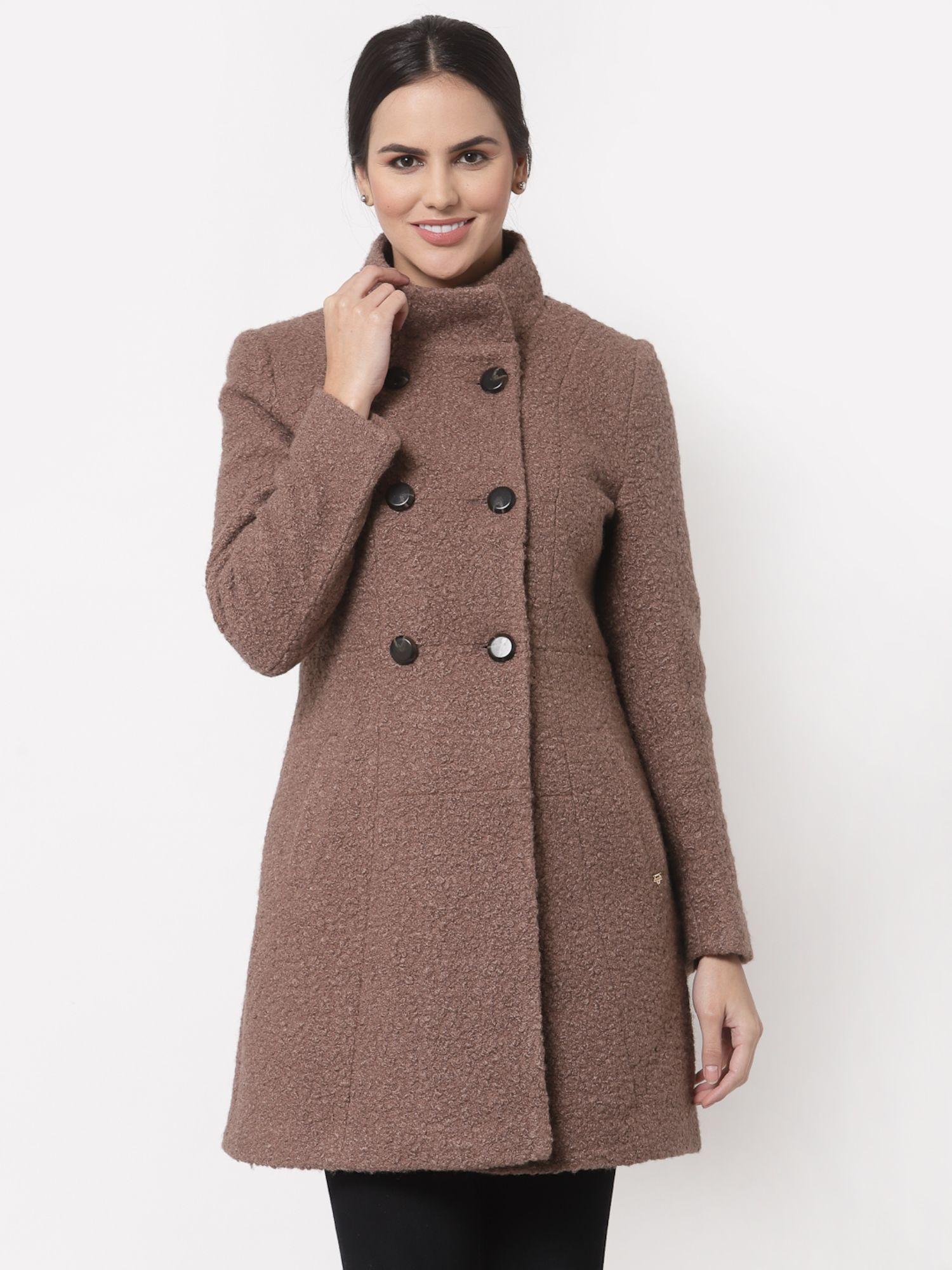 women textured brown high neck polyester longline coat