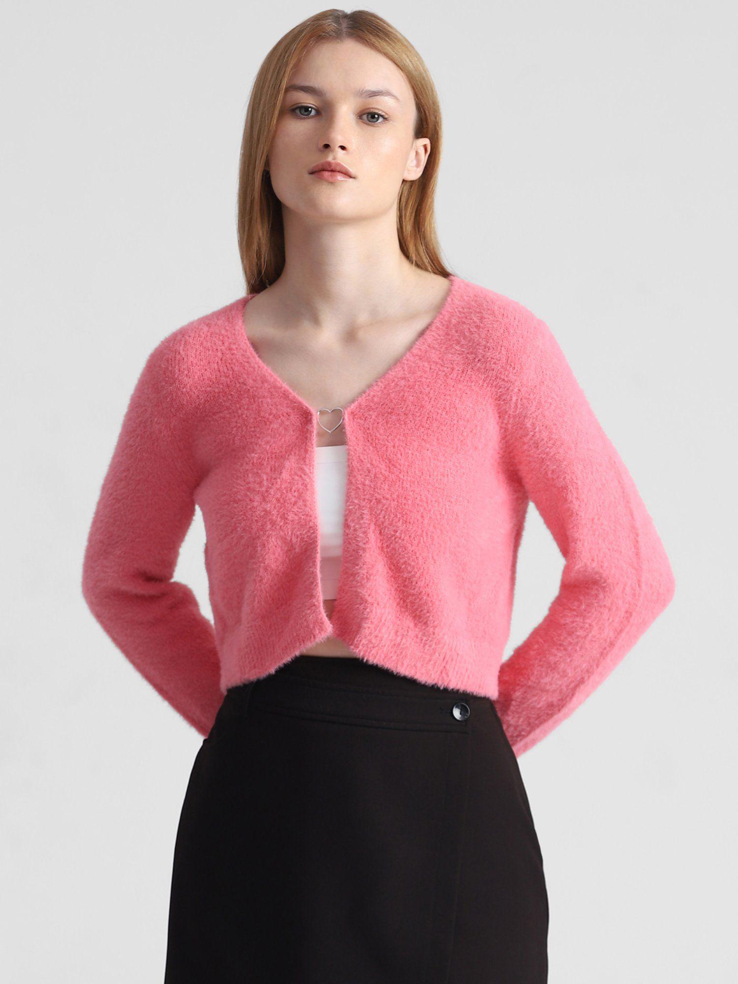 women textured casual pink cardigan