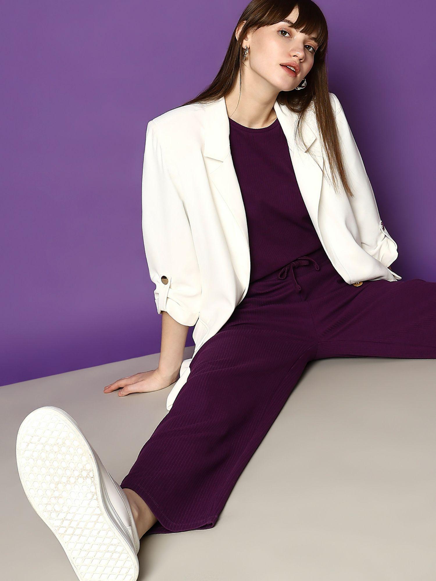 women textured casual purple pants