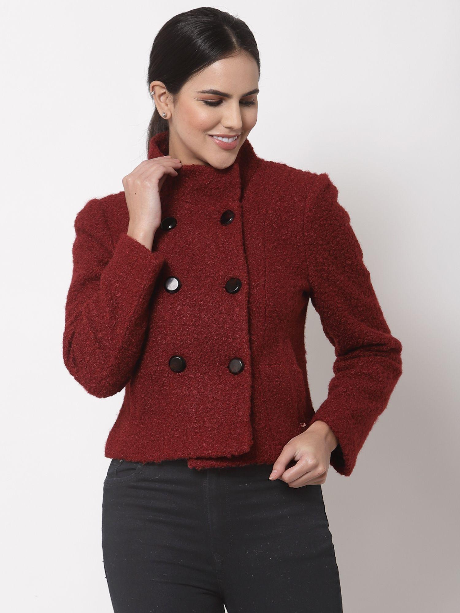 women textured maroon collar neck polyester short coat