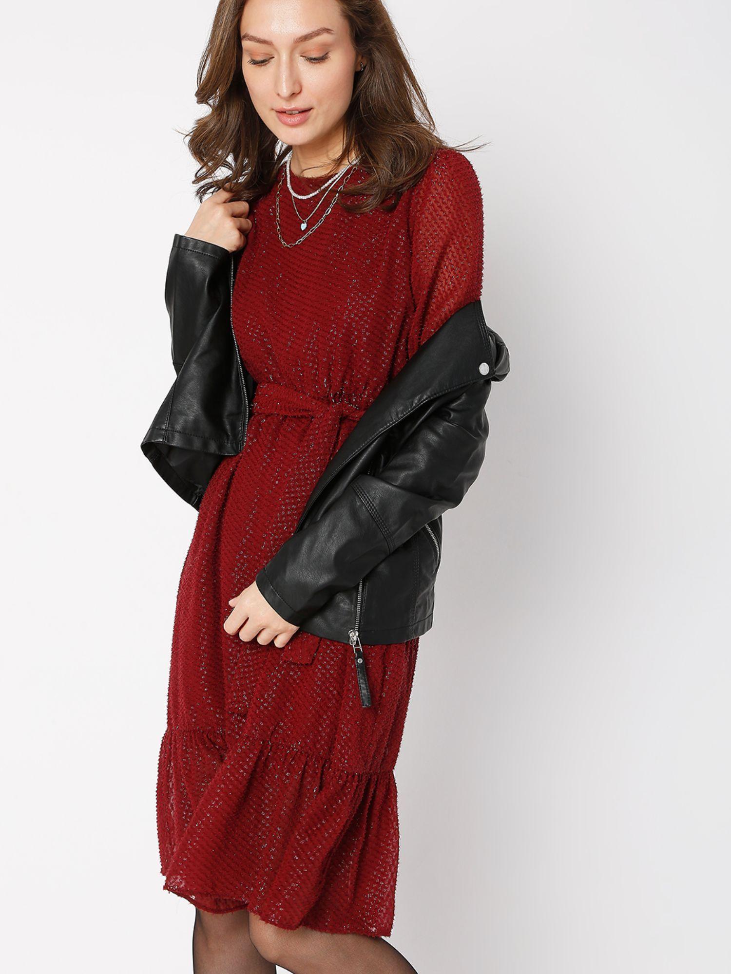 women textured maroon dress (set of 2)