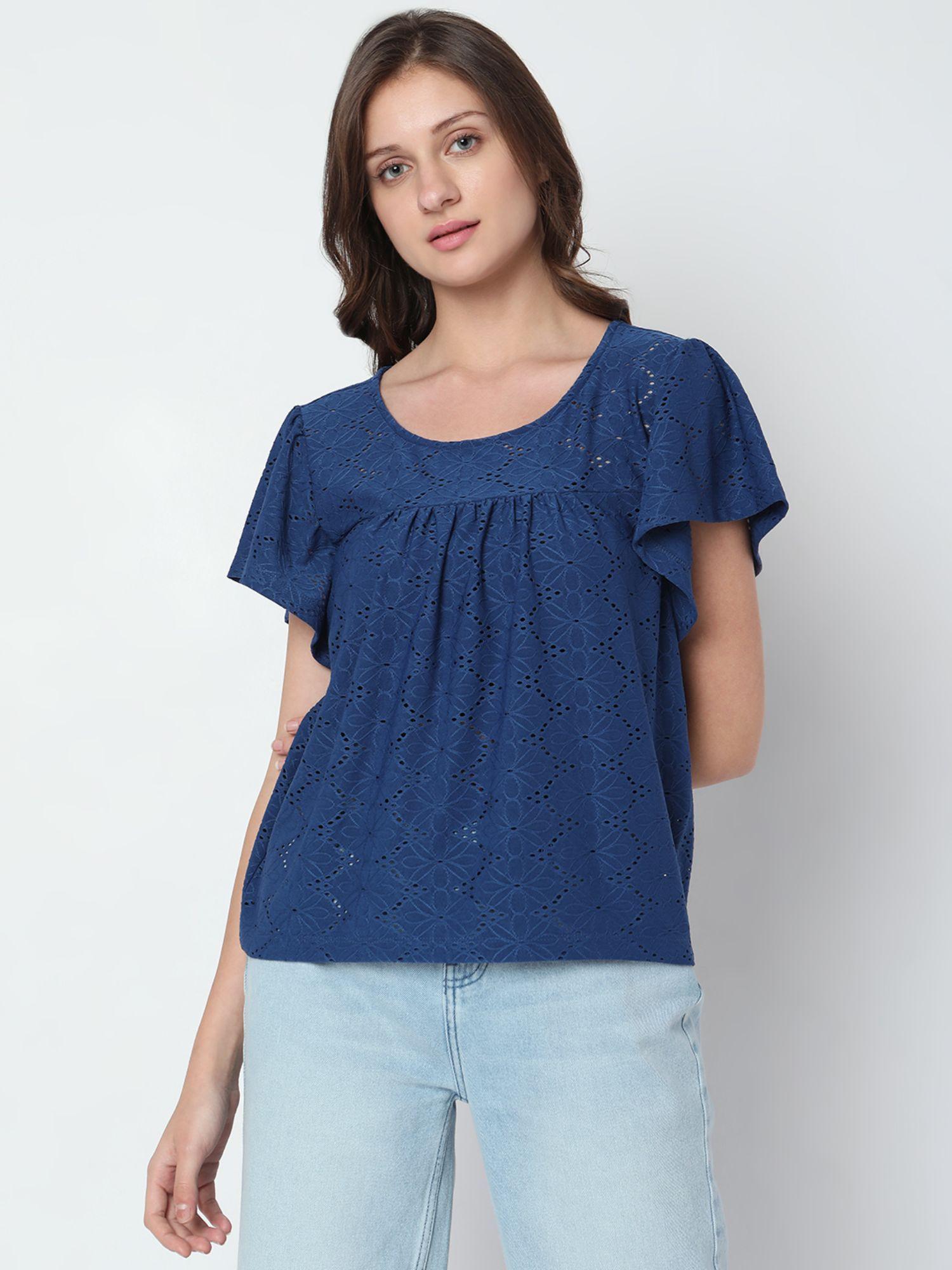 women textured navy blue top