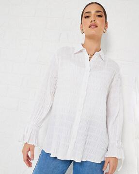 women textured oversized longline shirt with buttons