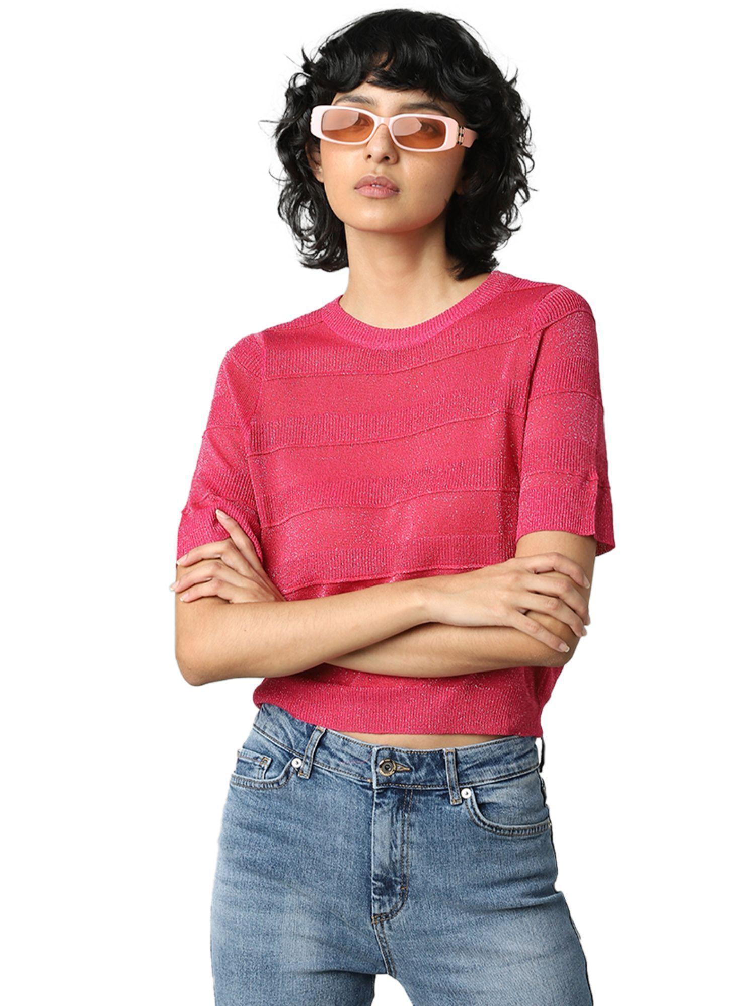 women textured pink top