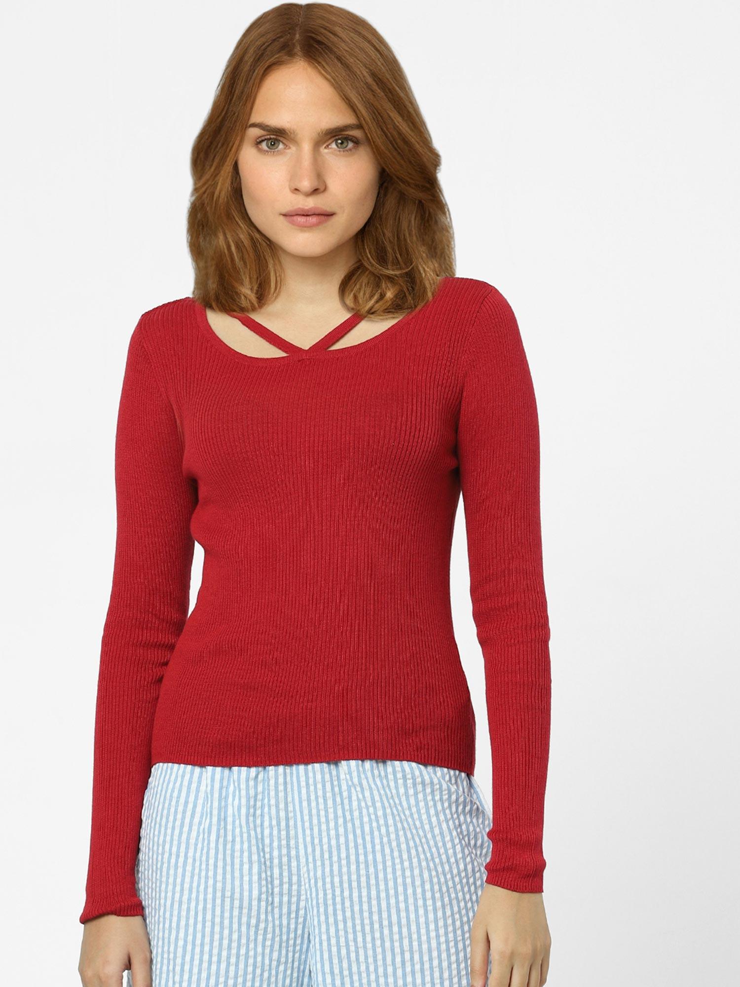 women textured red sweater