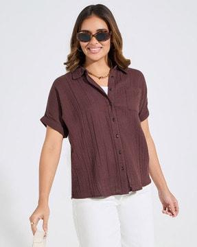 women textured regular fit shirt with patch pocket