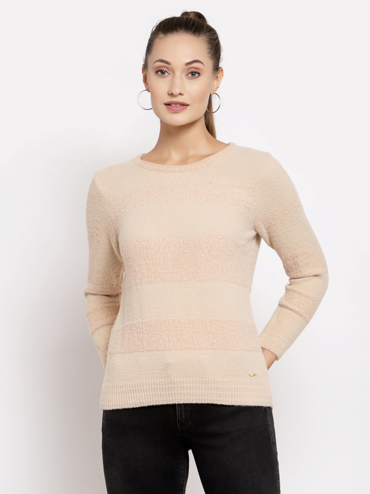 women textured round neck full sleeve polyester sweater