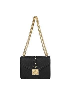 women textured sling bag with chain strap