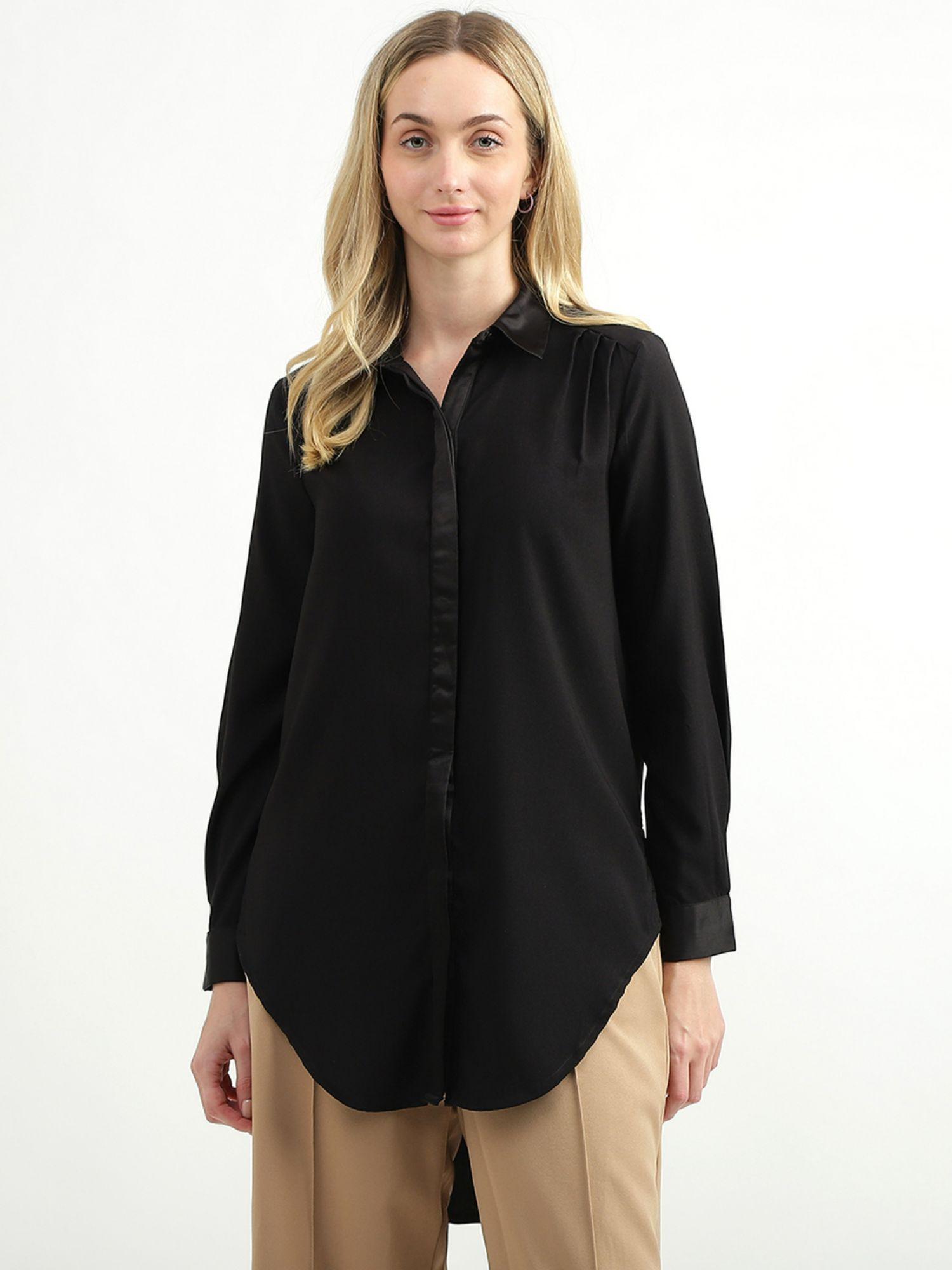 women textured spread collar black shirt