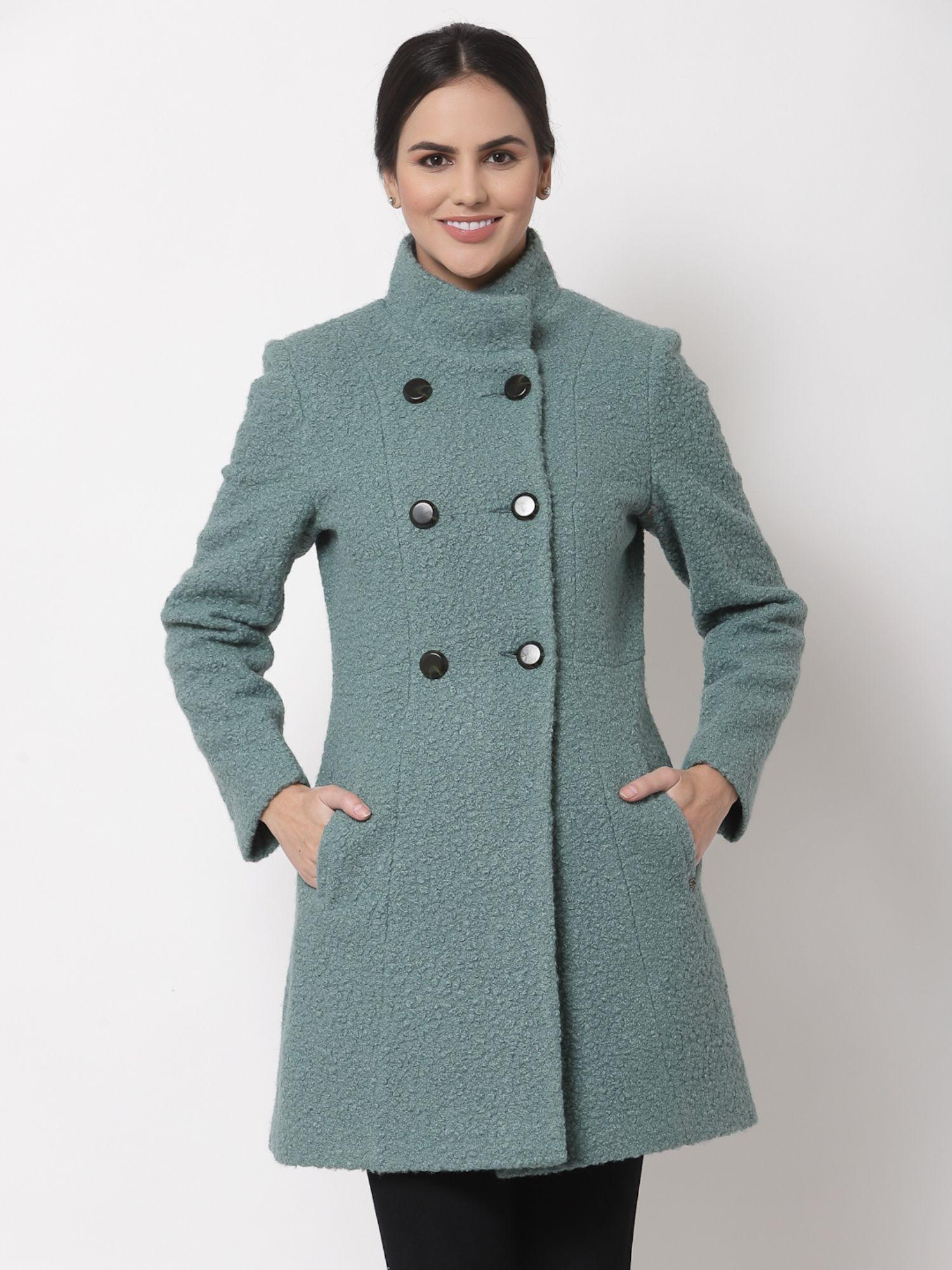 women textured turquoise collar neck polyester longline coat