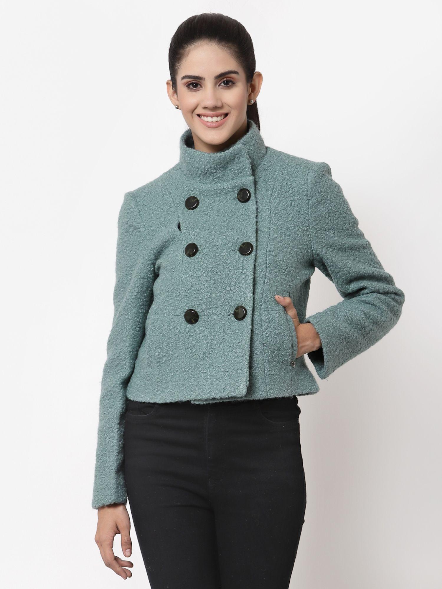 women textured turquoise collar neck polyester short coat